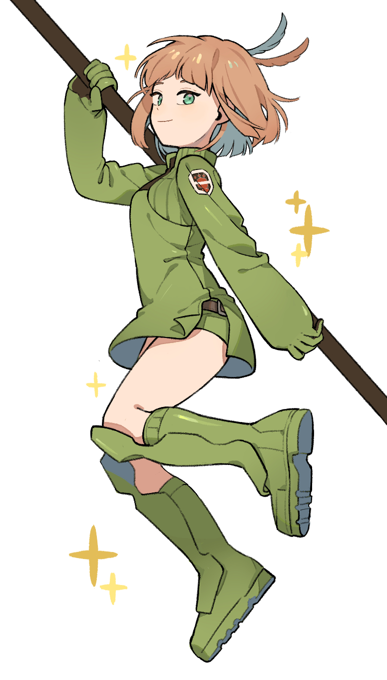 1girl belt bob_cut boots breasts brown_hair closed_mouth feather_hair from_side full_body gloves green_boots green_eyes green_gloves green_shorts hand_up highres holding holding_polearm holding_weapon knee_boots konami_kirie long_sleeves looking_at_viewer looking_to_the_side nana_0253 polearm shoe_soles short_hair shorts simple_background small_breasts smile solo sparkle weapon white_background world_trigger