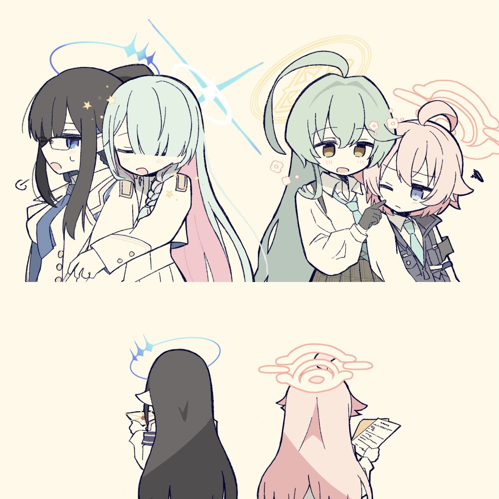 4girls 52ocy :o ;( ahoge black_gloves black_hair blue_archive blue_eyes blue_hair blue_halo blue_necktie braid breasts brown_eyes cheek_poking chest_harness closed_eyes collared_shirt colored_inner_hair commentary_request cropped_torso from_behind general_student_council_president_(blue_archive) glasses gloves green_hair grey_skirt hair_over_one_eye halo harness holding holding_letter holding_paper hoshino_(blue_archive) hoshino_(first_year)_(blue_archive) hoshino_(young)_(blue_archive) jacket letter load_bearing_vest long_hair long_sleeves looking_at_another multicolored_hair multiple_girls necktie paper pink_hair pink_halo pleated_skirt pointy_ears poking puff_of_air rin_(blue_archive) shirt simple_background skirt sweatdrop swirl upper_body very_long_hair white_jacket white_shirt yellow_background yellow_halo yume_(blue_archive)