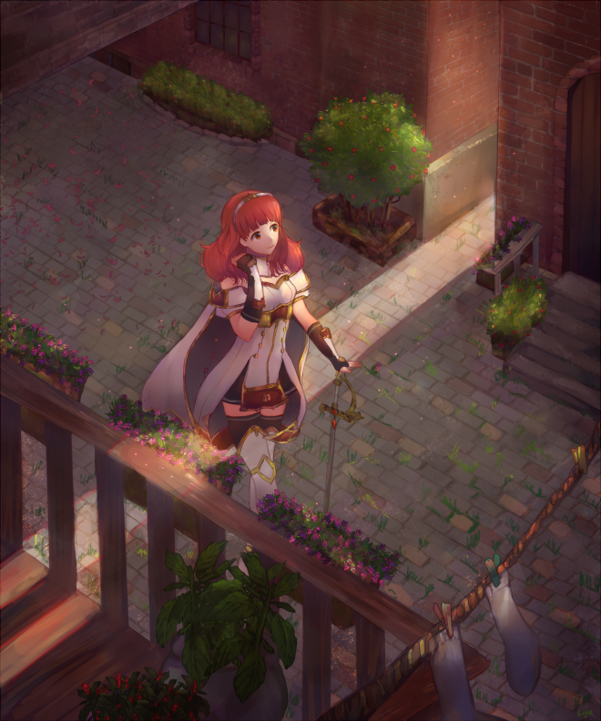 1girl arm_guards armor bad_id bad_twitter_id black_thighhighs breastplate cape celica_(fire_emblem) detached_collar earrings fingerless_gloves fire_emblem fire_emblem_echoes:_shadows_of_valentia fire_emblem_gaiden gloves hair_ornament holding holding_weapon jewelry lijupy nintendo outdoors pink_hair red_armor red_eyes red_hair smile sword thighhighs tiara walking weapon white_armor zettai_ryouiki