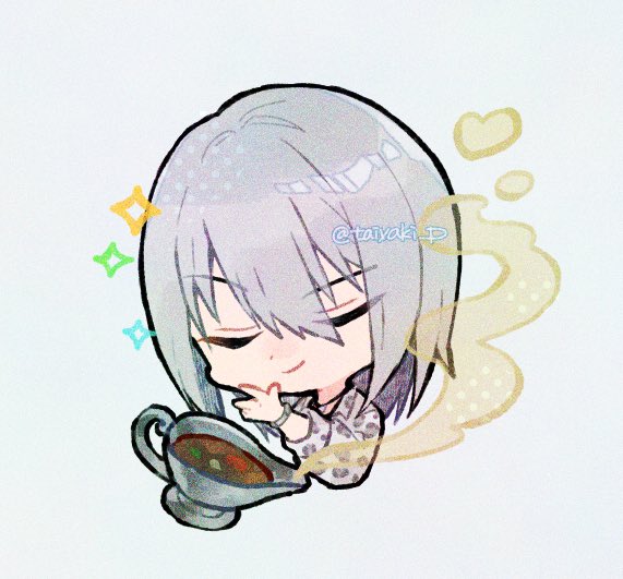 1boy animal_print bokujou_monogatari bracelet closed_eyes closed_mouth cropped_torso cross cross_necklace doradorakingyo gravy gravy_boat grey_hair jewelry leopard_print long_sleeves male_focus necklace short_hair skye_(harvest_moon) smile solo sparkle steam twitter_username