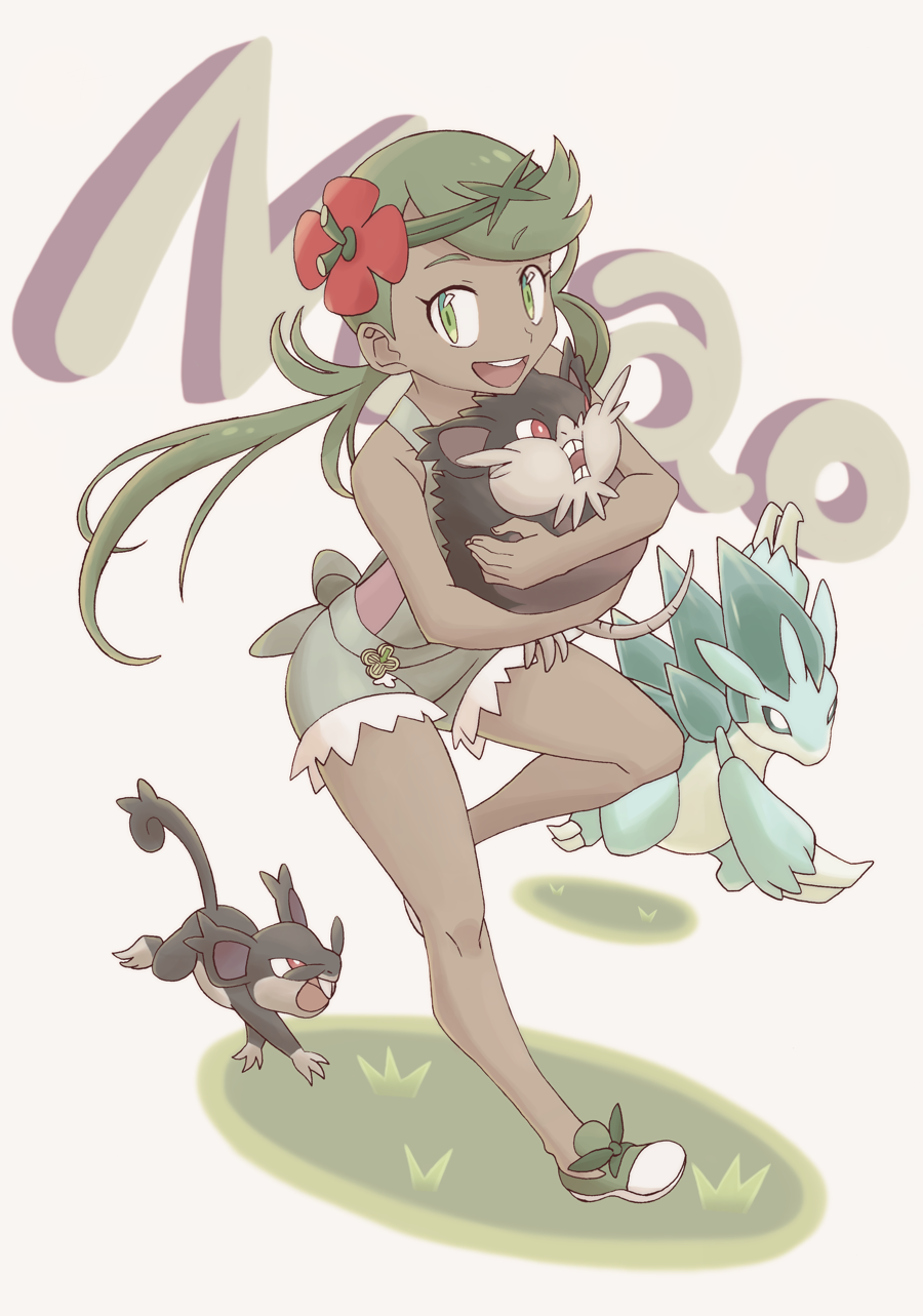 1girl alolan_form alolan_raticate alolan_rattata alolan_sandslash bare_shoulders carrying claws commentary_request dark-skinned_female dark_skin flat_color flower full_body gen_7_pokemon grass green_eyes green_hair hair_flower hair_ornament highres looking_at_viewer mallow_(pokemon) nintendo nomura_(buroriidesu) pokemon pokemon_(creature) pokemon_sm revision shoes shorts simple_background smile twintails