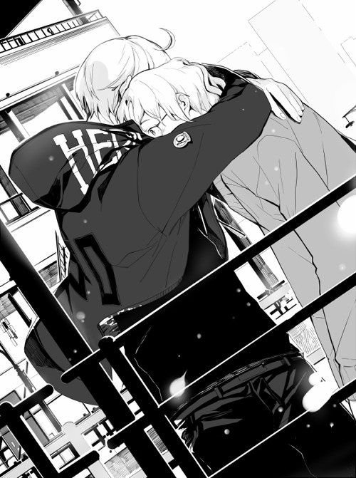 2boys ahoge america_(hetalia) axis_powers_hetalia belt building canada_(hetalia) city coat commentary_request cowboy_shot denim dutch_angle from_side glasses greyscale hood hood_down hooded_jacket hug jacket jeans long_sleeves male_focus monochrome multiple_boys nineo open_clothes open_jacket outdoors pants shirt short_hair snowing wide-eyed
