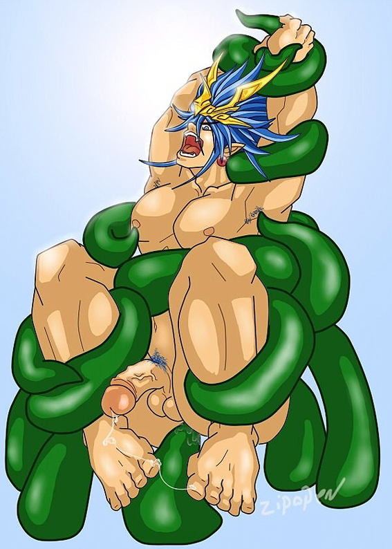 1boy barefoot blue_hair bracelet cho_aniki cho_aniki_zero cum idaten jewelry manly muscular penis tentacles