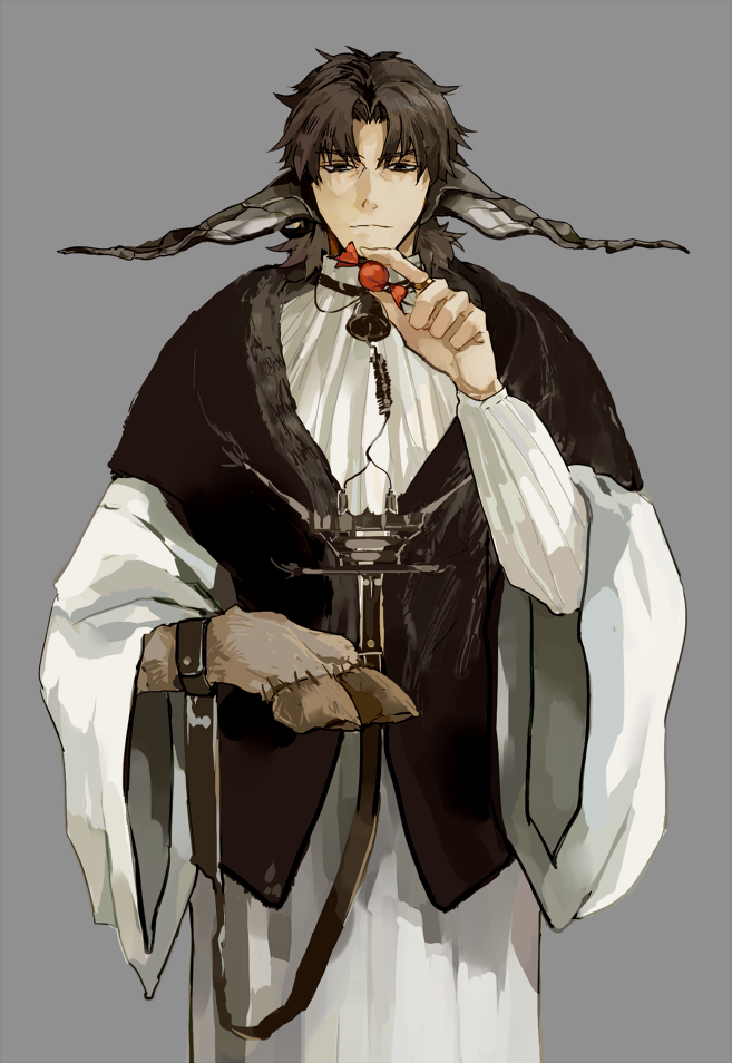 1boy bell belt black_eyes brown_hair candy collar crimo facing_viewer fate/stay_night fate_(series) food grey_background holding hooves horns kotomine_kirei male_focus neck_bell simple_background solo upper_body