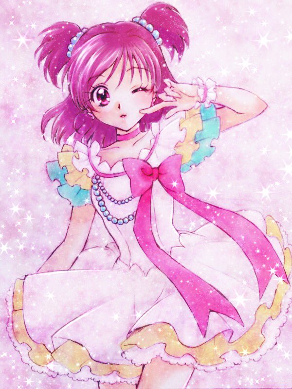 1girl ;o aizen_(syoshiyuki) bow butterfly_earrings choker dress earrings eyelashes frilled_dress frilled_sleeves frilled_wrist_cuffs frills hair_ornament hands_on_own_face jewelry looking_at_viewer one_eye_closed pink_choker pink_eyes pink_hair precure solo white_dress wrist_cuffs yes!_precure_5 yumehara_nozomi