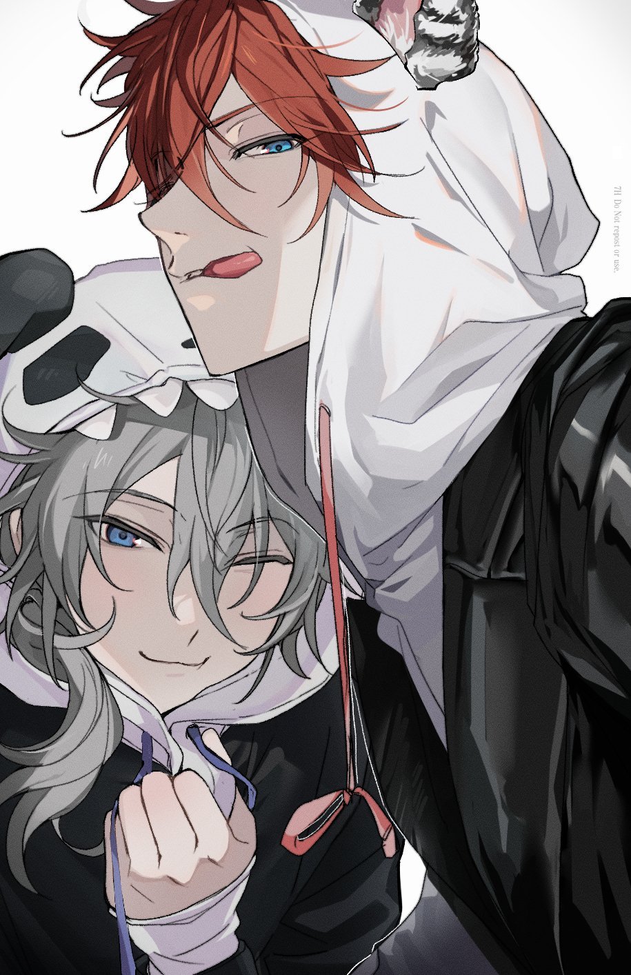 2boys amagi_rinne animal_ears animal_hood arm_up black_jacket blue_eyes commentary dot_nose ensemble_stars! grey_hair hashtag-only_commentary highres hood hood_up hoodie jacket long_sleeves looking_down male_focus medium_hair multiple_boys one_eye_closed panda_hood parted_bangs red_hair shiina_niki sleeves_past_wrists smile tongue tongue_out upper_body white_background white_hoodie znjxlz