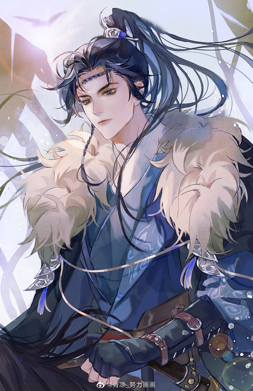 1boy bird black_cloak black_gloves black_hair black_headband blue_eyes blue_hanfu braid chinese_clothes cloak closed_mouth dark_skin fingerless_gloves fur-trimmed_cloak fur_trim gloves hanfu headband high_ponytail highres holding holding_reins horse horseback_riding long_hair long_sleeves looking_down male_focus ponytail qiang_jin_jiu reins riding sheath sheathed solo sword tassel third-party_source upper_body watermark weapon weibo_watermark xiao_chiye xiao_guan_(headdress) xu_liang