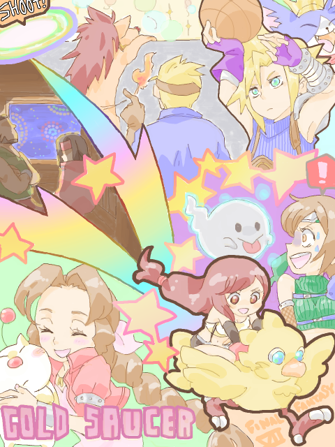 ! 3girls 4boys aerith_gainsborough animal armor armpits arms_up balloon barret_wallace bird black_facial_hair black_gloves black_hair black_skirt blonde_hair blue_eyes blue_jacket blue_sweater blush_stickers bob_cut brown_eyes brown_gloves brown_hair brown_headband cait_sith_(final_fantasy) cape cat chest_strap chibi chocobo cid_highwind claws closed_eyes cloud_strife copyright_name crop_top cropped_jacket crossed_arms crown dark_skin dress elbow_gloves english_text expressionless facial_hair facing_away fangs final_fantasy final_fantasy_vii fingerless_gloves fire fireworks fishnets flame-tipped_tail ghost gloves green_headband green_jacket green_sweater hair_ribbon hand_up hands_up happy headband high_collar holding holding_animal jacket jewelry leather_belt long_hair low-tied_long_hair mican midriff moogle multiple_boys multiple_girls navel necklace night no_eyes open_clothes open_jacket open_mouth pauldrons pink_dress pink_ribbon pointing ponytail purple_gloves rainbow red_cape red_hair red_headband red_jacket red_nose red_xiii ribbon riding riding_animal scared shirt short_hair shoulder_armor single_pauldron skirt sleeveless sleeveless_sweater sleeveless_turtleneck smile solid_circle_eyes sparkle spiked_hair star_(symbol) suspenders sweatdrop sweater tail tegaki tifa_lockhart tongue tongue_out turtleneck turtleneck_sweater very_short_hair vincent_valentine white_shirt yellow_eyes yuffie_kisaragi