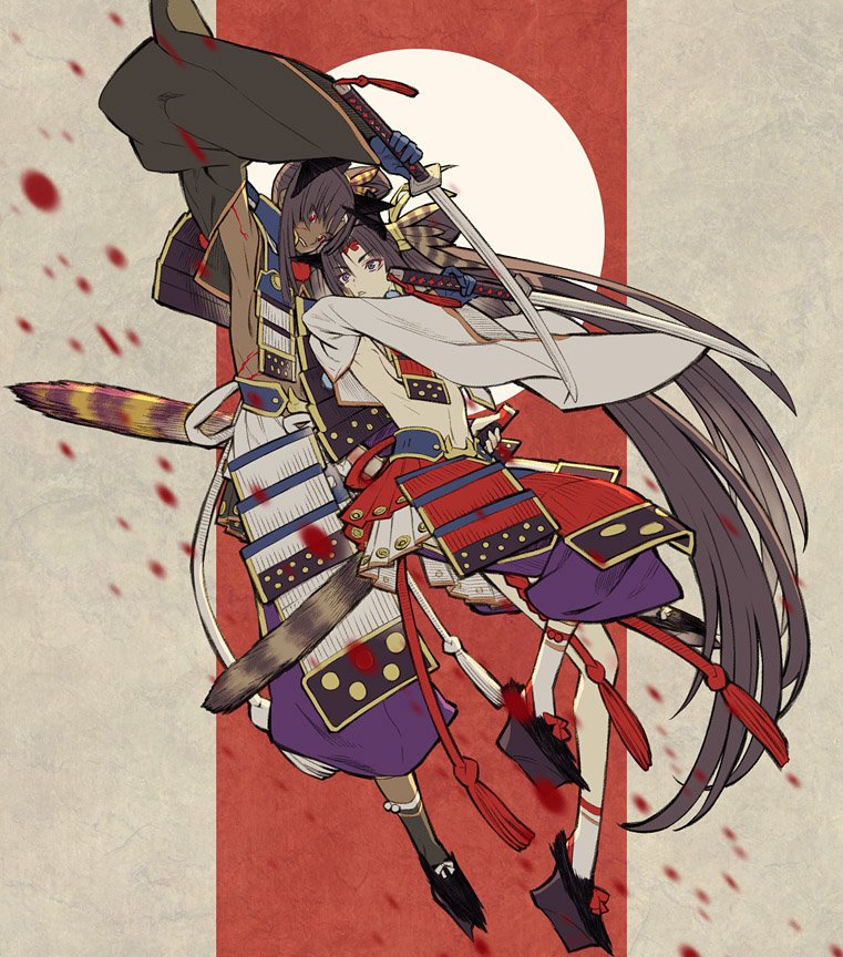 2girls armor baggy_pants black_hair black_sleeves blood blue_eyes blue_gloves breast_curtains breasts dark-skinned_female dark_persona dark_skin detached_sleeves fate/grand_order fate_(series) fighting fur_sheath gloves hair_ornament hat holding holding_sheath holding_sword holding_weapon japanese_armor katana kusazuri long_hair long_sleeves medium_breasts multiple_girls navel pants parted_bangs parted_lips red_eyes revealing_clothes ribs sakamoto_mineji sheath side_ponytail simple_background smile sword tassel ushiwakamaru_(corrupted)_(fate) ushiwakamaru_(fate) very_long_hair weapon white_sleeves