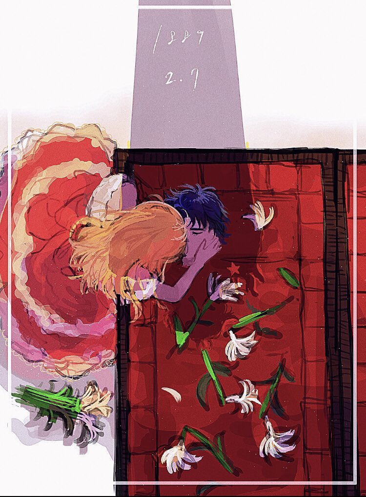 1girl 2boys birthmark blonde_hair blue_hair border closed_eyes coffin dio_brando dress erina_pendleton flower from_above fuha_(azukiba_9) hetero joestar_birthmark jojo_no_kimyou_na_bouken jonathan_joestar kiss long_dress long_hair multiple_boys off-shoulder_dress off_shoulder petals phantom_blood red_dress severed_head shadow short_hair simple_background star_(symbol) timestamp white_background white_border white_flower