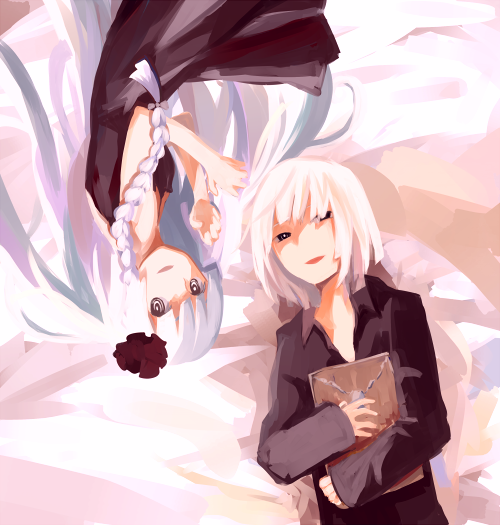 1boy 1girl aitaki bad_id bad_pixiv_id black_shirt blunt_bangs bob_cut book braid fate/strange_fake fate_(series) francesca_(fate/strange_fake) francesca_prelati_(fate) francois_prelati_(fate) long_hair looking_at_viewer ringed_eyes shirt single_braid smile twintails