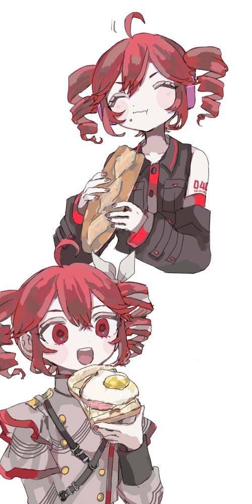 2girls ahoge arm_tattoo baguette black_sleeve_cuffs black_sleeves bow bread bread_slice breast_pocket buttons closed_eyes collared_shirt cropped_torso detached_sleeves double-breasted double-parted_bangs drill_hair dual_persona eating ebi834 egg_(food) fingernails flat_chest food food_on_face grey_jacket hair_between_eyes hair_bow hair_ribbon ham hand_up headphones holding holding_food jacket kasane_teto kasane_teto_(sv) kasane_teto_(utau) long_sleeves meat multiple_girls nail_polish number_tattoo open_mouth pocket red_eyes red_hair red_nails red_trim ribbon shirt shoulder_boards simple_background sleeve_cuffs sleeveless sleeveless_shirt smile striped_clothes striped_jacket synthesizer_v tattoo teeth three-quarter_sleeves tongue twin_drills upper_teeth_only utau white_background white_bow white_ribbon wing_collar