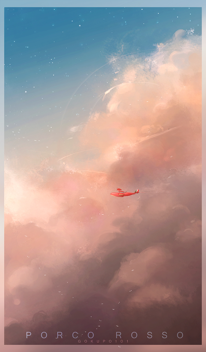 1boy aircraft airplane artist_name cloud commentary copyright_name english_commentary gokupo101 highres kurenai_no_buta porco_rosso_(character) scenery sky solo star_(sky) studio_ghibli