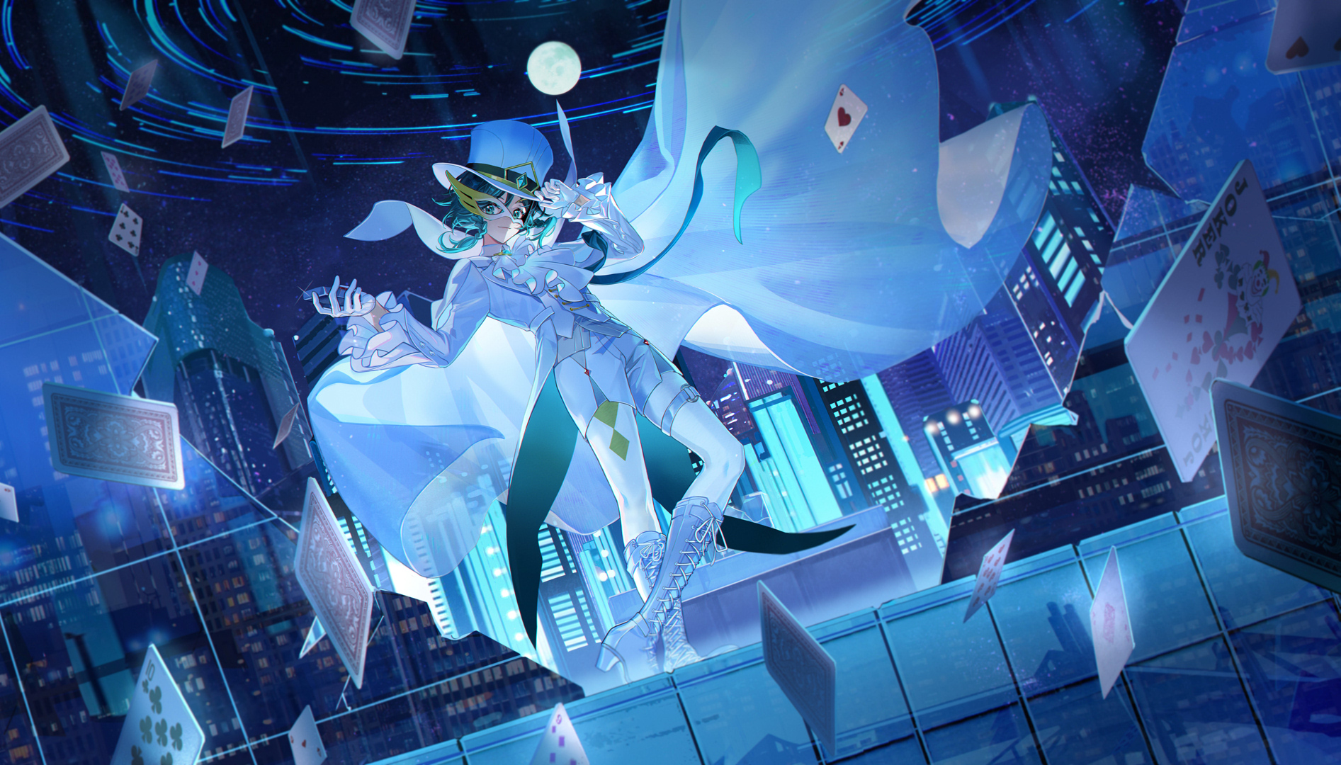 1boy aqua_eyes aqua_gemstone aqua_hair ascot black_hair boots braid brooch building cape card city closed_mouth coattails collared_cape collared_shirt commentary english_commentary eye_mask floating_card floating_hair frilled_sleeves frills full_moon gem genshin_impact gloves gradient_hair hair_between_eyes half_mask hand_on_headwear hands_up hat high_collar highres hitokoto hoyofair jacket jewelry joker_(playing_card) knee_boots lace-up_boots long_sleeves looking_at_viewer male_focus mask medium_hair moon multicolored_hair night night_sky o-ring o-ring_thigh_strap open_clothes open_jacket pantyhose parted_bangs playing_card shirt short_shorts shorts side_braids sky skyscraper smile solo standing star_trail thigh_strap top_hat twin_braids venti_(genshin_impact) vest white_ascot white_boots white_cape white_gloves white_hat white_jacket white_pantyhose white_shirt white_shorts white_vest