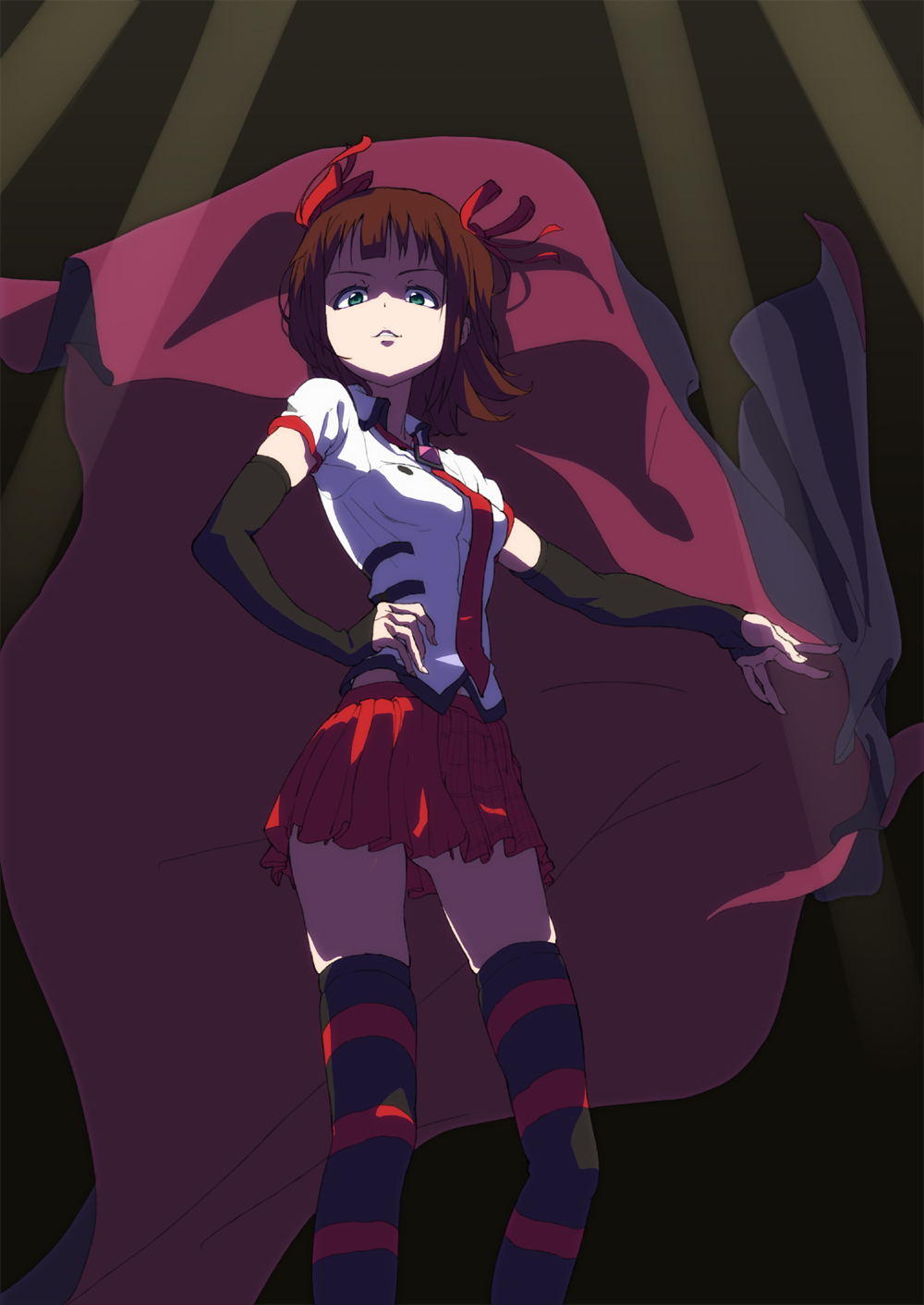 1girl amami_haruka bad_id bad_pixiv_id black_gloves brown_hair cape dark_haruka elbow_gloves female_focus fingerless_gloves gloves green_eyes hair_ornament hair_ribbon hand_on_own_hip harustein highres hip_focus idolmaster idolmaster_(classic) necktie ribbon skirt smirk solo striped_clothes striped_thighhighs thighhighs tonton tt_(poposujp)