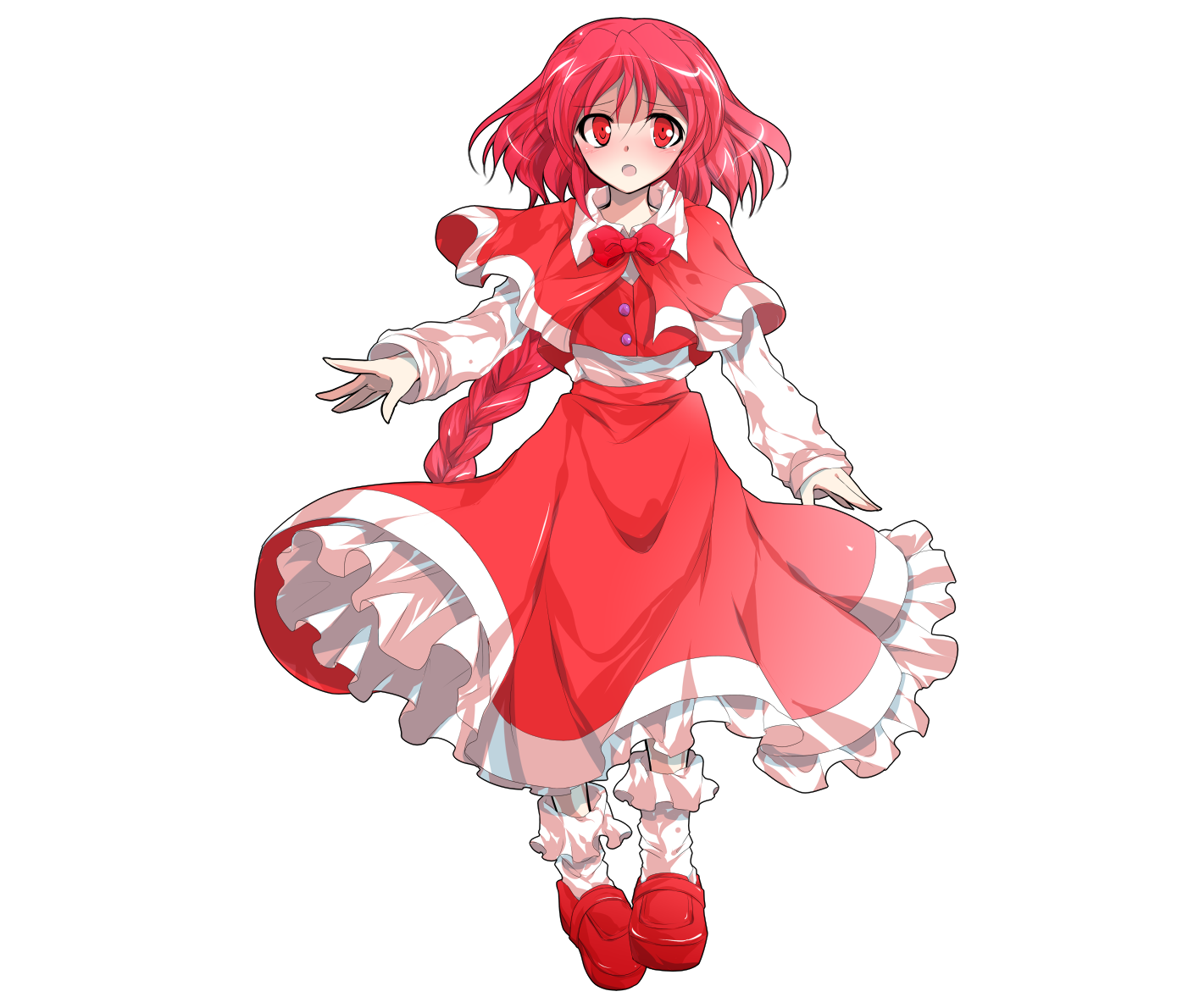 1girl alphes_(style) blush bow braid buttons capelet collared_shirt commentary_request dairi frilled_skirt frilled_socks frills full_body large_variant_set long_braid long_hair long_skirt okazaki_yumemi open_mouth parody phantasmagoria_of_dim.dream red_bow red_capelet red_eyes red_hair red_shoes red_skirt red_vest shirt shoes single_braid skirt socks solo style_parody tachi-e touhou touhou_(pc-98) transparent_background variant_set very_long_hair vest white_shirt white_socks