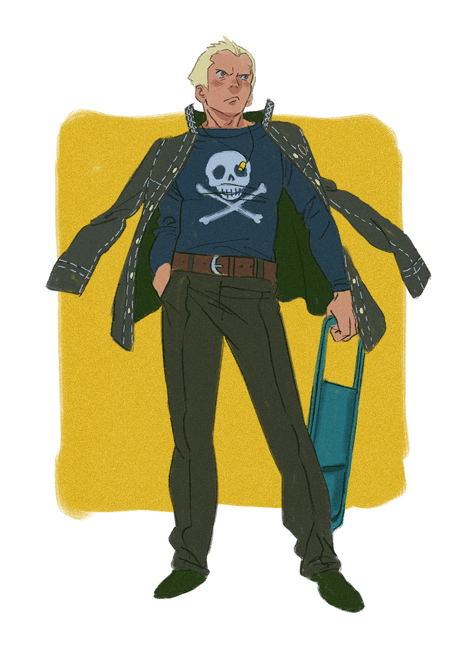 1boy amber389 belt blonde_hair blue_eyes border brown_belt chair ear_piercing face_piercing folding_chair full_body hand_in_pocket highres jacket jacket_on_shoulders jewelry jolly_roger male_focus necklace nose_piercing outside_border pants persona persona_4 piercing scar school_uniform short_hair skull_and_crossbones solo standing suitcase tatsumi_kanji white_border yellow_background