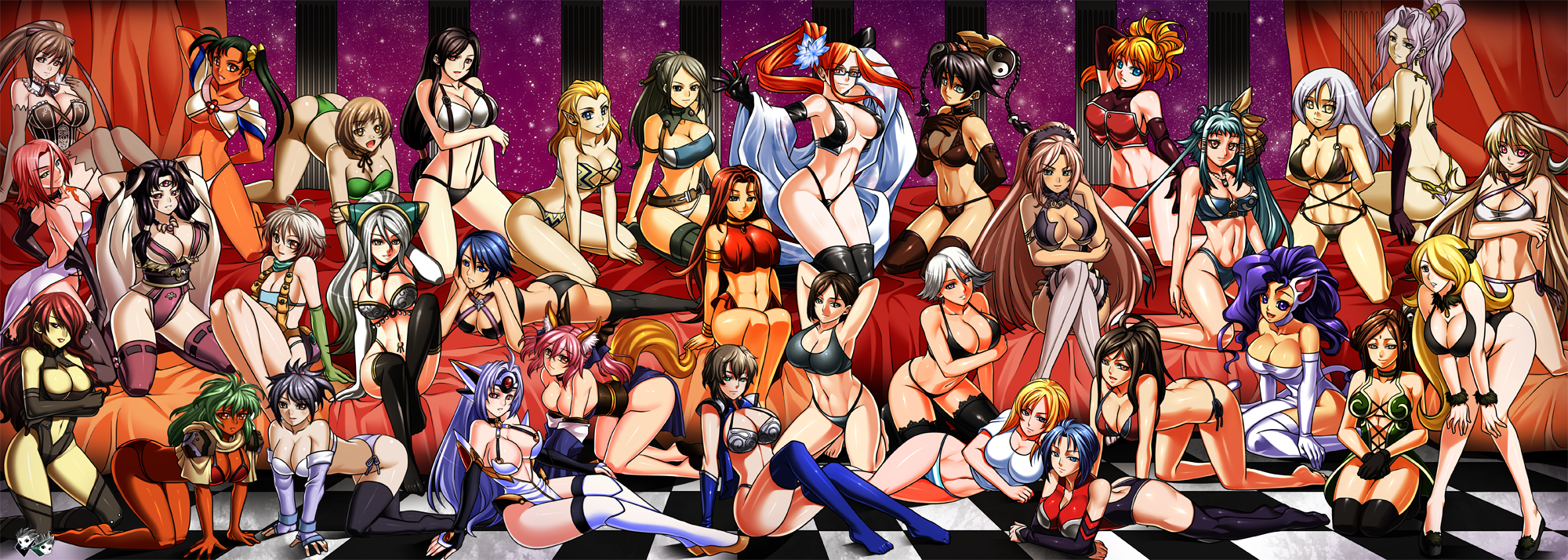 00s 10s 1990s_(style) 6+girls adapted_costume agarest_senki agarest_senki_(series) all_fours alternate_costume anesha annotated aqua_(kingdom_hearts) ar_tonelico ar_tonelico_i arms_behind_head ass atlus aya_brea ayano_(luminous_arc) bare_shoulders bent_over black_hair blazing_souls blonde_hair blue_eyes blue_hair blue_thighhighs breast_hold breasts brown_hair butt_crack capcom carla_(blazing_souls) center_opening checkered_floor christie_(doa) cleavage collarbone couch cross_edge crossover curtains cynthia_(pokemon) dark-skinned_female dark_skin darkstalkers dead_or_alive detached_sleeves devil_survivor_(series) devil_survivor_2 elbow_gloves emerada_(xenogears) excellen_browning facepaint facial_mark fate/extra fate_(series) felicia_(darkstalkers) final_fantasy final_fantasy_vii freesia_york fujibayashi_sheena full_body fur_trim gensou_suikoden gloves green_hair groin group_picture hair_tubes harem harusawa_yoshino high_heels highres indoors jadenkaiba jean_(lunar) jeane_(suikoden) jessica_de_alkirk jill_valentine kingdom_hearts kingdom_hearts_birth_by_sleep kirijou_mitsuru kneeling konami kos-mos kujou_hinako large_breasts leotard long_hair looking_at_viewer luminous_arc luminous_arc_2 lunar lunar:_the_silver_star lunar_2:_eternal_blue lying matching_hair/eyes maxima_sakuya_enfield medea_(caster)_(fate) medea_(fate) midriff milla_maxwell misha_arsellec_lune multiple_crossover multiple_girls musou_orochi namco navel nintendo nu_wa on_couch on_stomach orange_eyes orange_hair own_hands_together ozma_moh_glacius ozma_mow_gracious panties parasite_eve_(series) parasite_eve_i pascal_(tales) persona persona_3 persona_4 pink_hair pokemon pokemon_dppt ponytail pumps radiant_historia raynie red_eyes red_hair reflection resident_evil retro_artstyle satonaka_chie sega seiza senjou_no_valkyria_(series) shin_sangoku_musou shining_(series) shining_hearts short_hair sideboob silver_hair sitting spectral_(series) square_enix star_(symbol) star_symbol_background super_robot_wars super_robot_wars_original_generation suspenders tactics_ogre tales_of_(series) tales_of_graces tales_of_symphonia tales_of_xillia tamamo_(fate) tamamo_no_mae_(fate) tan tattoo taut_clothes tecmo thighhighs tifa_lockhart underwear very_long_hair very_short_hair vest viletta_badam viletta_vadim vira-lorr wang_yi white_legwear xenogears xenosaga yokozuwari yue_ying