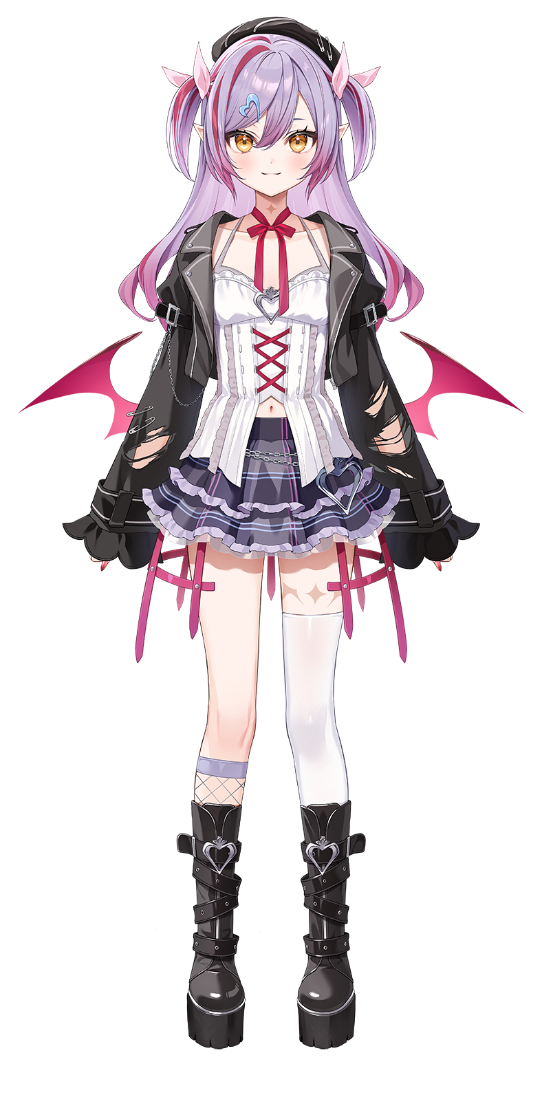 1girl beret black_boots black_hat black_jacket blush boots camisole frilled_skirt frills full_body hair_between_eyes hair_ornament hat heart heart_hair_ornament highres jacket long_hair looking_at_viewer low_wings multicolored_hair nail_polish navel official_art pink_nails pink_wings plaid_clothes plaid_skirt pointy_ears purple_hair purple_skirt single_fishnet_legwear single_thighhigh skirt solo standing streaked_hair tachi-e thighhighs torn_clothes torn_jacket transparent_background two_side_up varium virtual_youtuber white_camisole white_thighhighs wings yellow_eyes youduki_miruka zattape