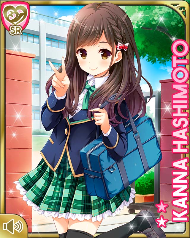 1girl bag black_thighhighs bow bowtie brown_eyes brown_hair card character_name full_body girlfriend_(kari) hashimoto_kanna leg_up long_hair official_art outdoors plaid_clothes plaid_skirt pleated_skirt qp:flapper school_uniform shoes skirt smile thighhighs v