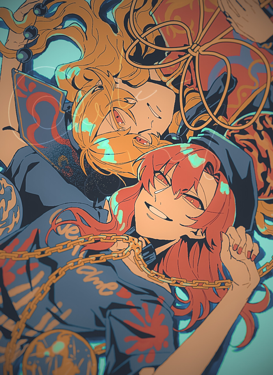 2girls bare_shoulders beads black_choker black_dress black_hat black_nails black_shirt blue_background chain chinese_clothes choker clothes_writing collarbone dalachi_(headdress) dress earth_(ornament) eyelashes fingernails gold_chain hair_between_eyes hat heart heart_print hecatia_lapislazuli highres junko_(touhou) long_hair long_sleeves looking_at_viewer lying mandarin_collar medium_hair moon_(ornament) multiple_girls nail_polish neck_ribbon off-shoulder_shirt off_shoulder on_back orange_hair orange_ribbon raya_(uk_0128) red_hair red_nails red_tabard ribbon shirt short_sleeves simple_background smile t-shirt tabard tassel teeth touhou twitter_username underworld_(ornament) upper_body wavy_hair wide_sleeves