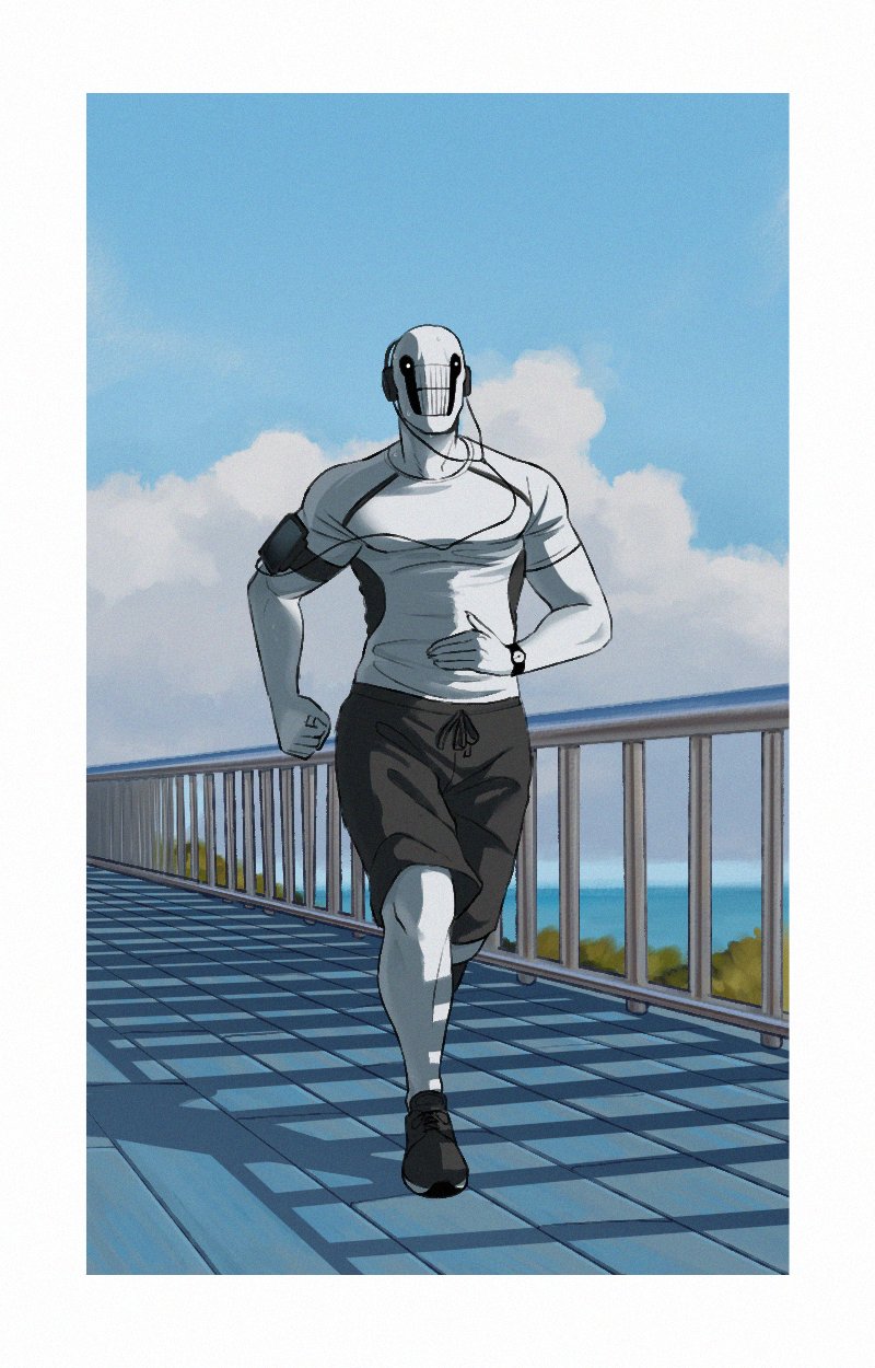 1boy alternate_universe arm_up black_footwear black_shorts border casual cloud colored_skin commentary crew_neck dedan_(off) drawstring english_commentary full_body headphones highres male_focus monster_boy ocean off_(game) outdoors plant railing running shadow shirt shorts sky solo tanblaque teeth watch white_border white_eyes white_shirt white_skin wristwatch