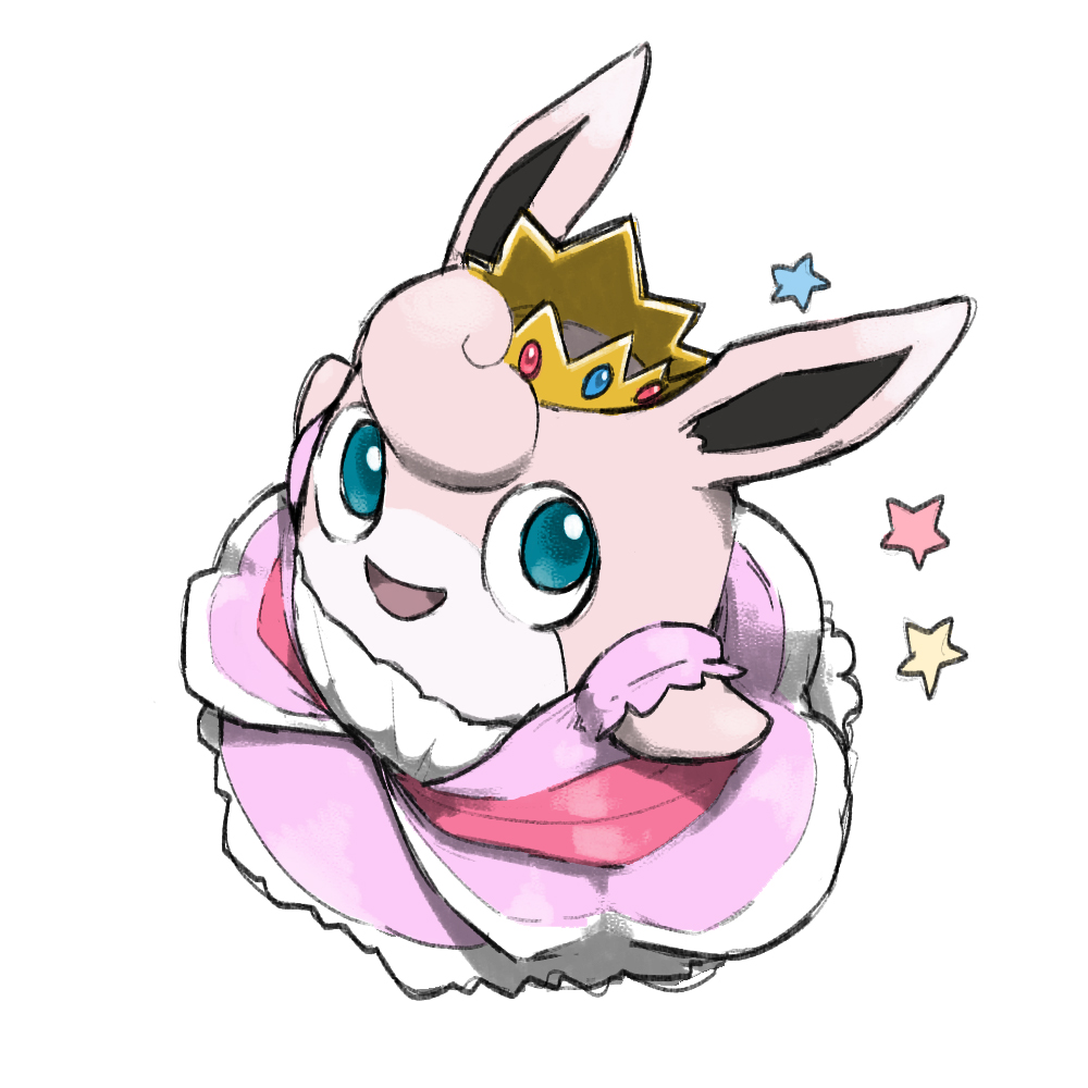 :d blacknirrow blue_eyes clothed_pokemon crown dress full_body gen_1_pokemon nintendo no_humans open_mouth pink_dress pokemon pokemon_(creature) pokemon_focus simple_background smile solo star_(symbol) white_background wigglytuff