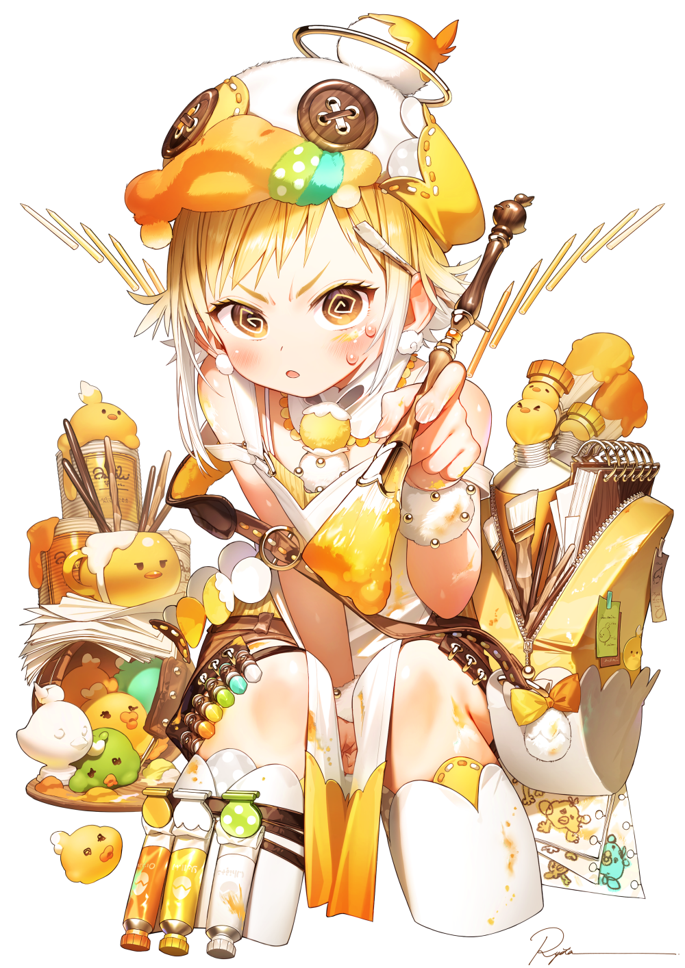1girl @_@ art_supplies bag bare_shoulders belt blonde_hair blush breasts commentary cup hair_ornament hat highres holding holding_paintbrush looking_at_viewer open_mouth original paint paintbrush painting_(action) paper revision ryota_(ry_o_ta) shirt shorts simple_background sleeveless solo symbol-only_commentary white_background wrist_cuffs yellow_eyes