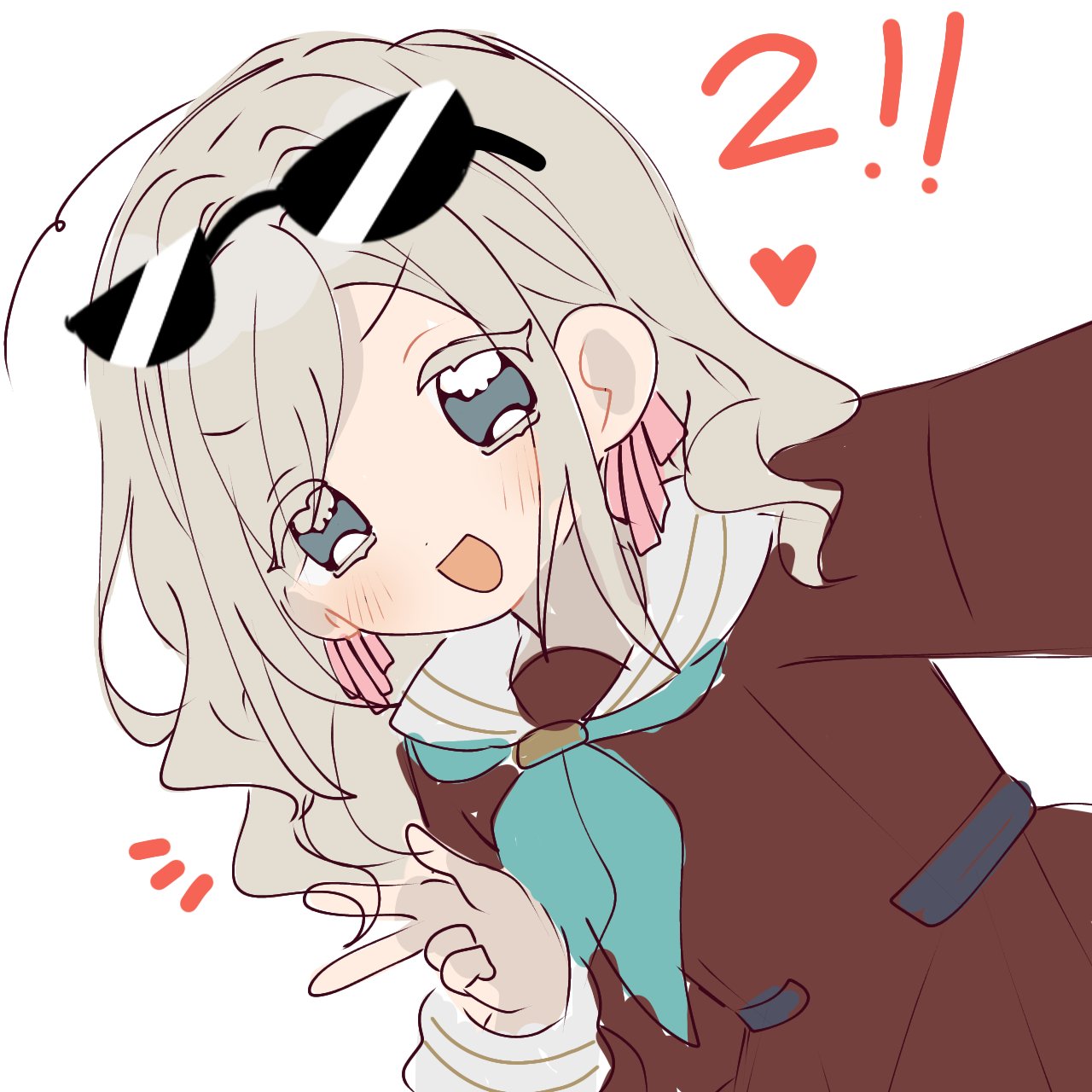 1girl :d blue_eyes blush brown_dress ceras_yanagida_lilienfeld col_person countdown dress eyewear_on_head hair_ribbon hasu_no_sora_school_uniform heart highres link!_like!_love_live! long_sleeves love_live! notice_lines open_mouth pink_ribbon ribbon sailor_collar sailor_dress school_uniform selfie simple_background smile solo sunglasses virtual_youtuber w white_background white_sailor_collar winter_uniform