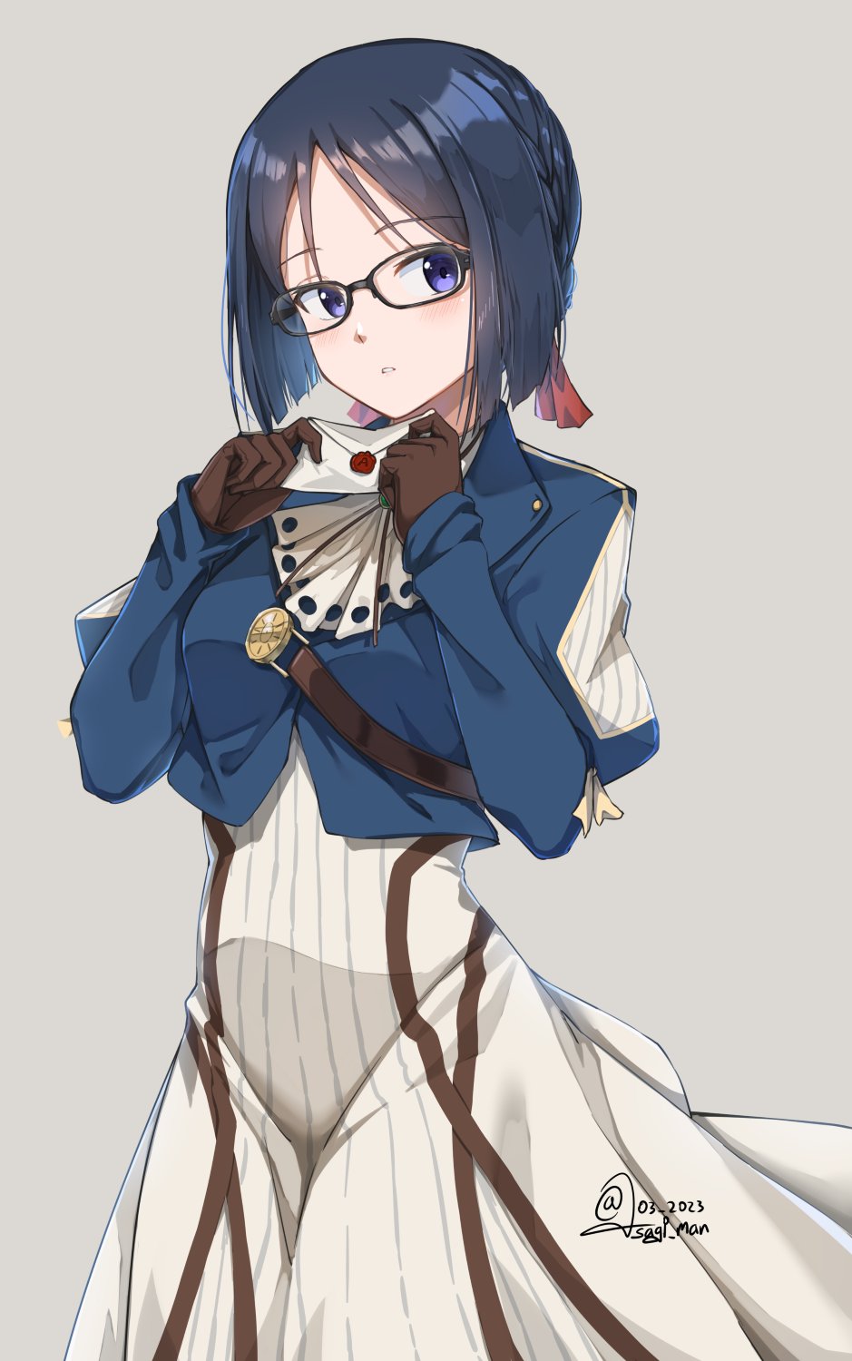 1girl :o alice_gear_aegis ascot black-framed_eyewear blue_hair blue_jacket brown_gloves commentary cosplay cropped_jacket dated dress english_commentary envelope glasses gloves grey_background hair_ribbon hands_up highres holding holding_envelope ishikawa_yui jacket juliet_sleeves letter long_sleeves looking_at_viewer momoshina_fumika parted_bangs parted_lips puffy_sleeves purple_eyes red_ribbon ribbon simple_background solo sundajin_asagi twitter_username violet_evergarden violet_evergarden_(cosplay) violet_evergarden_(series) voice_actor_connection white_ascot white_dress