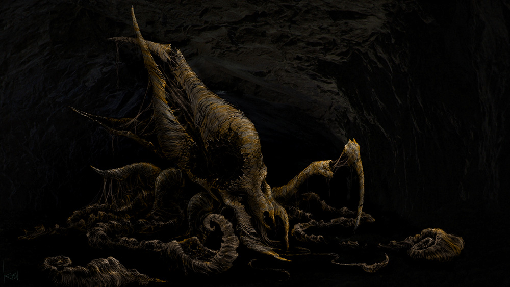 cave concept_art engi_(animation_studio) gamera_(series) gamera_-rebirth- giant giant_monster injury kadokawa kaiju monster no_humans octopus official_art promotional_art signature squid takahama_kan tentacles viras