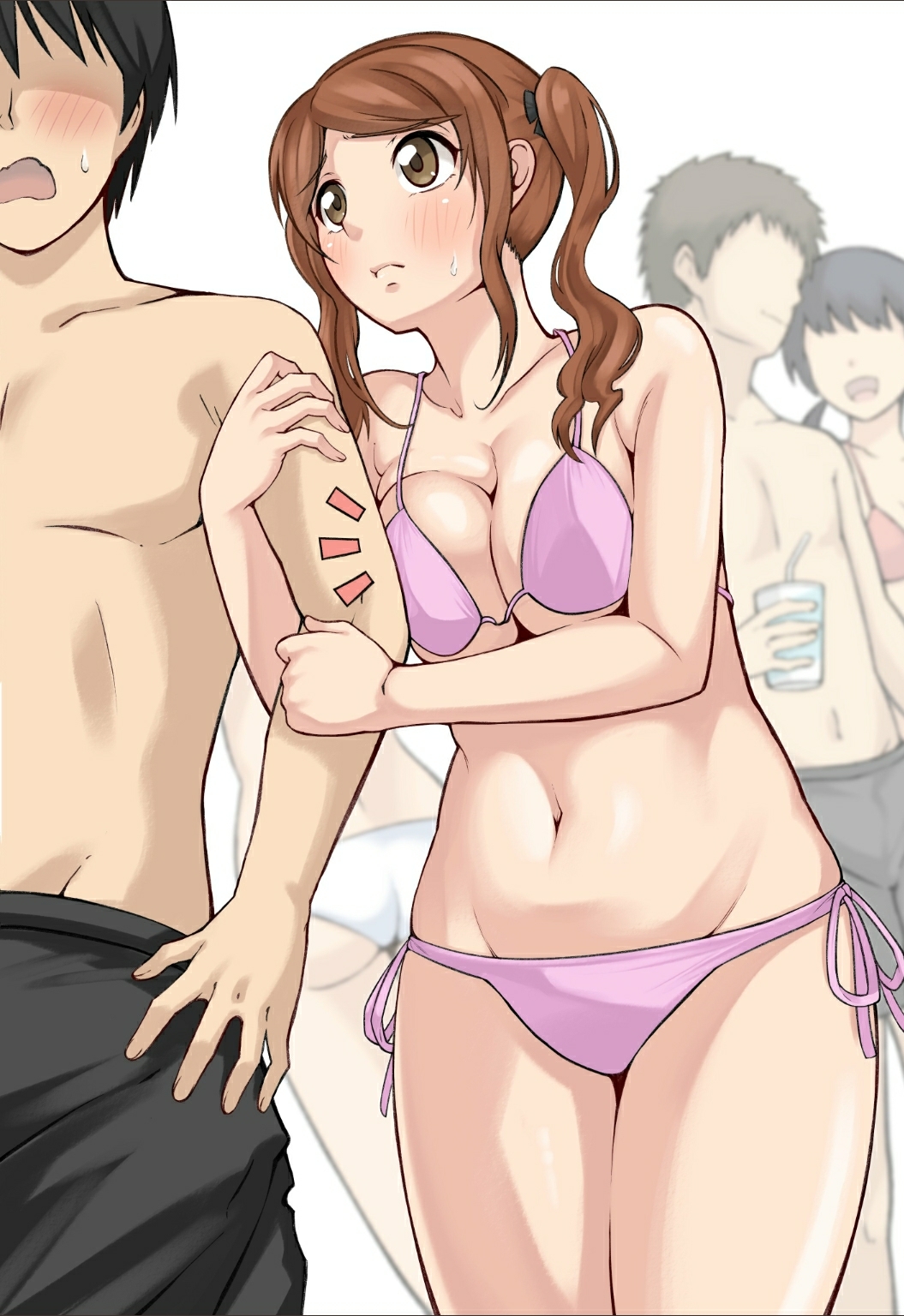 2boys 2girls amagami arm_hug bikini black_hair black_male_swimwear blush breast_press breasts breasts_squeezed_together brown_eyes brown_hair cleavage closed_mouth collarbone faceless faceless_male hetero highres holding_another&#039;s_arm jishaku_(user_rcuz2843) large_breasts looking_at_another male_swimwear multiple_boys multiple_girls nakata_sae navel open_mouth pink_bikini short_hair side-tie_bikini_bottom swimsuit tachibana_jun&#039;ichi twintails
