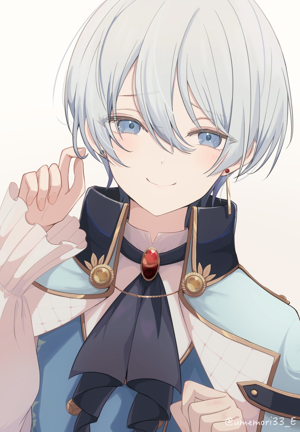 1girl androgynous ascot black_ascot blue_capelet blue_eyes blue_vest blush brooch buttons capelet closed_mouth commentary double-breasted duplicate earrings embarrassed frilled_sleeves frills gem hair_between_eyes hand_up highres holding holding_own_hair jewelry looking_at_viewer official_alternate_costume official_alternate_hair_length official_alternate_hairstyle ouji_fashion pendant project_sekai red_gemstone relax_teatime_(project_sekai) resized reverse_trap shirt short_hair smile solo twitter_username umemori_mai upper_body upscaled very_short_hair vest white_hair white_shirt yoisaki_kanade