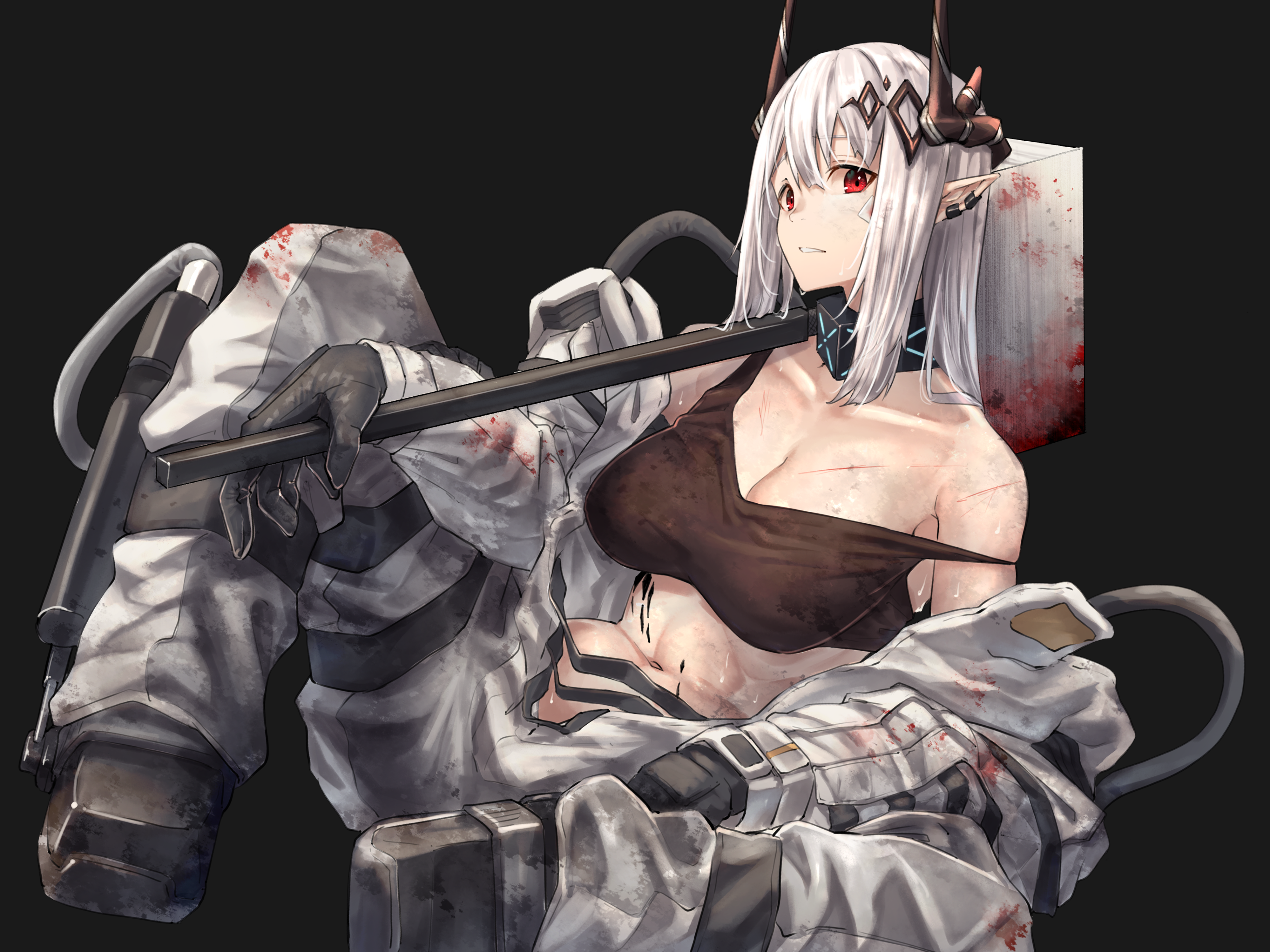 1girl arknights black_background blood bodysuit breasts demon_girl demon_horns earrings formal_clothes hammer horns jewelry kuromu large_breasts looking_at_viewer midriff mudrock_(arknights) pointy_ears red_eyes simple_background solo suit white_suit