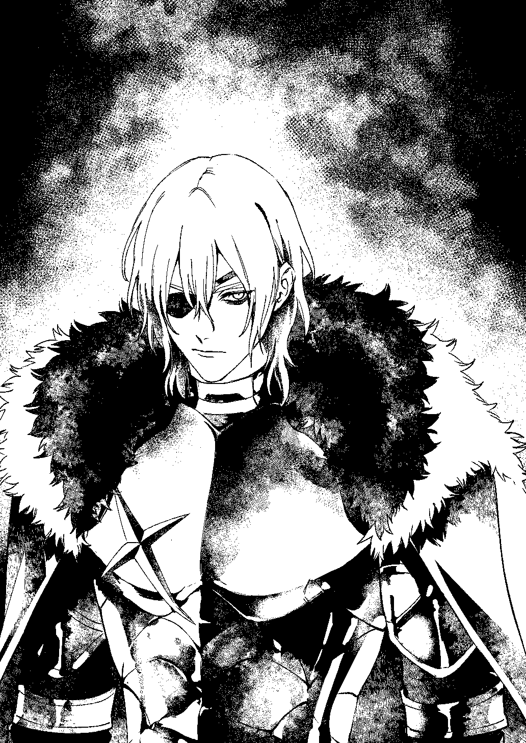 1boy armor breastplate cape closed_mouth dimitri_alexandre_blaiddyd dimitri_alexandre_blaiddyd_(timeskip) double-parted_bangs eyepatch fire_emblem fire_emblem:_three_houses fur_trim greyscale hair_behind_ear hair_between_eyes highres looking_to_the_side male_focus monochrome nintendo one_eye_covered sideways_glance solo upper_body urup_zzz