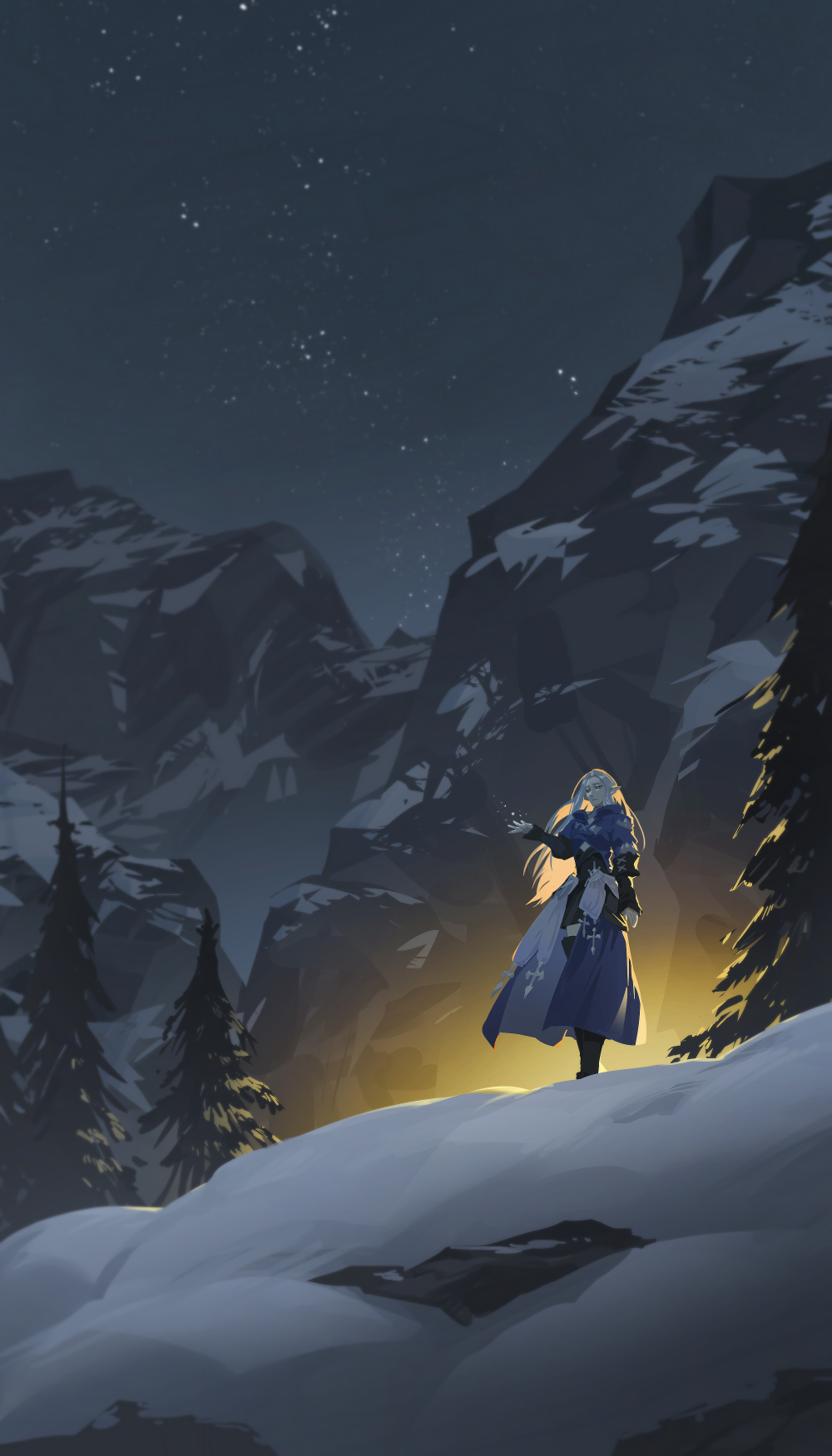 1girl blue_coat coat elezen elf final_fantasy final_fantasy_xiv highres long_hair mountain night night_sky outdoors pine_tree pointy_ears scenery sky snow solo standing star_(sky) starry_sky tree white_hair wide_shot ysayle_dangoulain zmeoow