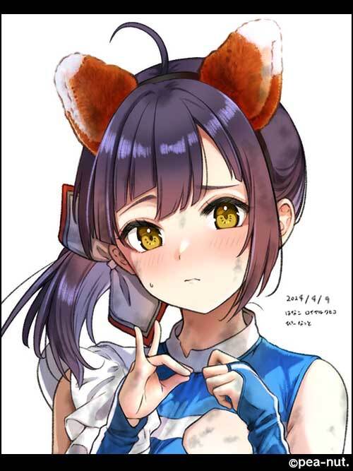 1girl ahoge animal_ears black_hair blue_shirt cut_bangs dated fox_ears fox_shadow_puppet fujinami_(cheerleader)_(kancolle) fujinami_(kancolle) hanako_(peanut) hokkaido_nippon-ham_fighters kantai_collection long_hair looking_at_viewer nippon_professional_baseball shirt side_ponytail simple_background sleeveless sleeveless_shirt solo twitter_username upper_body white_background yellow_eyes