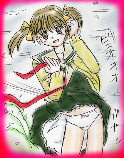 1girl black_dress blush bow bow_panties brown_eyes brown_hair cardigan collarbone crotch_seam dress fukuzawa_yumi hair_ribbon long_hair long_sleeves looking_at_viewer maria-sama_ga_miteru neckerchief open_cardigan open_clothes open_mouth panties pink_bow ribbon school_uniform smile standing su_(pixiv_263717) twintails underwear white_neckerchief white_panties wind wind_lift yellow_cardigan yellow_ribbon