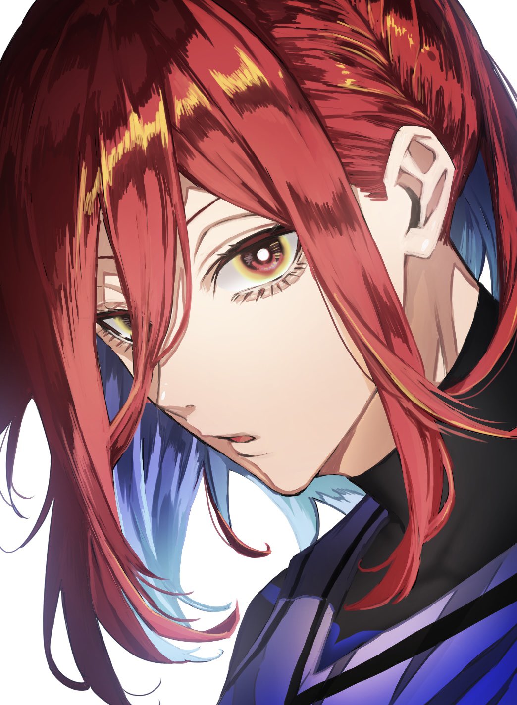 1boy blue_lock blue_shirt chigiri_hyoma highres long_hair looking_at_viewer male_focus naka_(58hrprtr) open_mouth portrait red_eyes red_hair shirt simple_background solo white_background