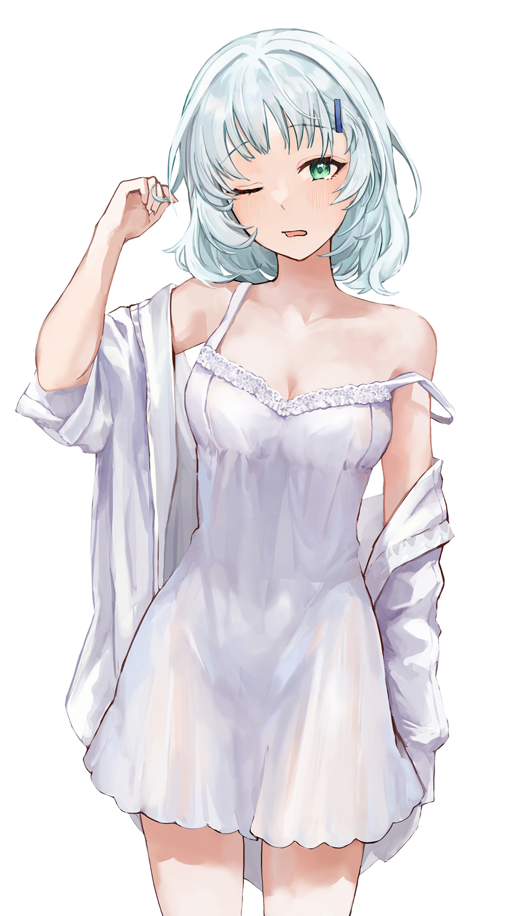 1girl angel breasts camisole cleavage green_eyes hair_ornament hairband hairclip highres kamishiro_rita medium_breasts no_halo non09_24 off_shoulder one_eye_closed open_clothes open_mouth open_shirt playing_with_own_hair prism_project see-through_clothes sleepy solo unworn_hairband virtual_youtuber white_camisole white_hair