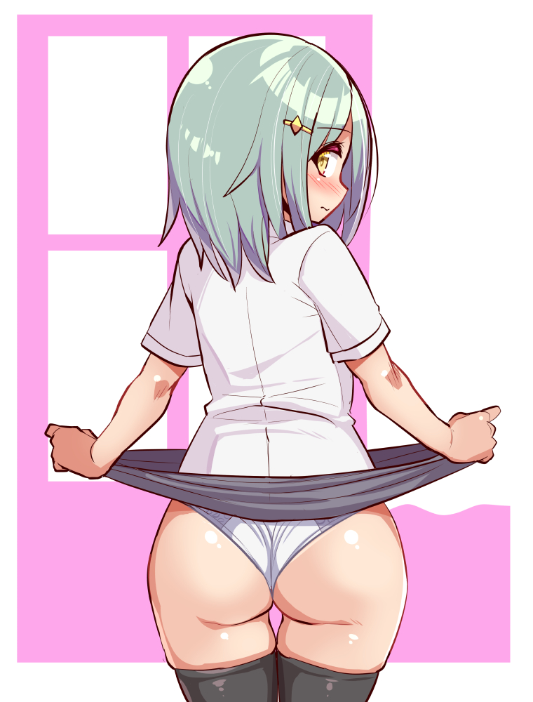 1girl ass black_skirt blush clothes_lift cougar_(cougar1404) cowboy_shot from_behind green_hair hair_between_eyes hair_ornament hairclip kantai_collection lifting_own_clothes long_hair looking_at_viewer looking_back original panties pleated_skirt school_uniform shirt short_hair short_sleeves simple_background skirt skirt_lift solo standing thighhighs thighs underwear white_panties white_shirt yellow_eyes