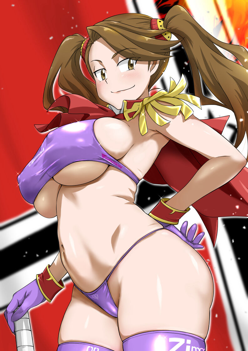 1girl breasts brown_hair cleavage covered_erect_nipples gloves gundam gundam_build_fighters gundam_build_fighters_try hand_on_own_hip large_breasts long_hair minpei_ichigo navel sazaki_kaoruko smile solo thighhighs twintails underboob