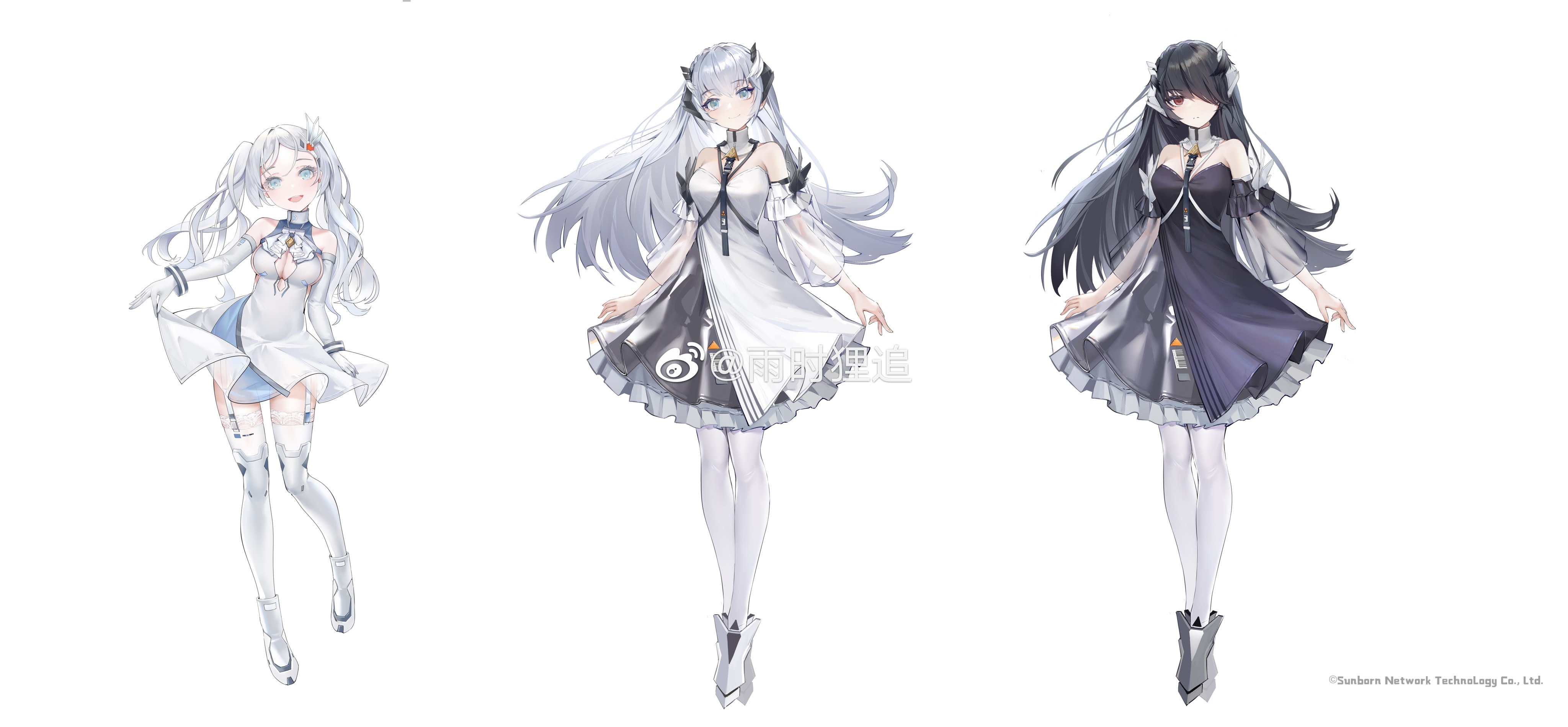 3girls absurdres black_dress black_hair blue_eyes cleavage_cutout clothing_cutout copyright_notice detached_sleeves dress frilled_dress frills full_body girls'_frontline girls'_frontline_neural_cloud highres multiple_girls neon_(zuicongming) odette_(neural_cloud) odile_(neural_cloud) official_art open_mouth red_eyes see-through_clothes see-through_sleeves siblings sisters smile thighhighs twintails watermark weibo_username weibo_watermark white_dress white_hair white_sleeves white_thighhighs