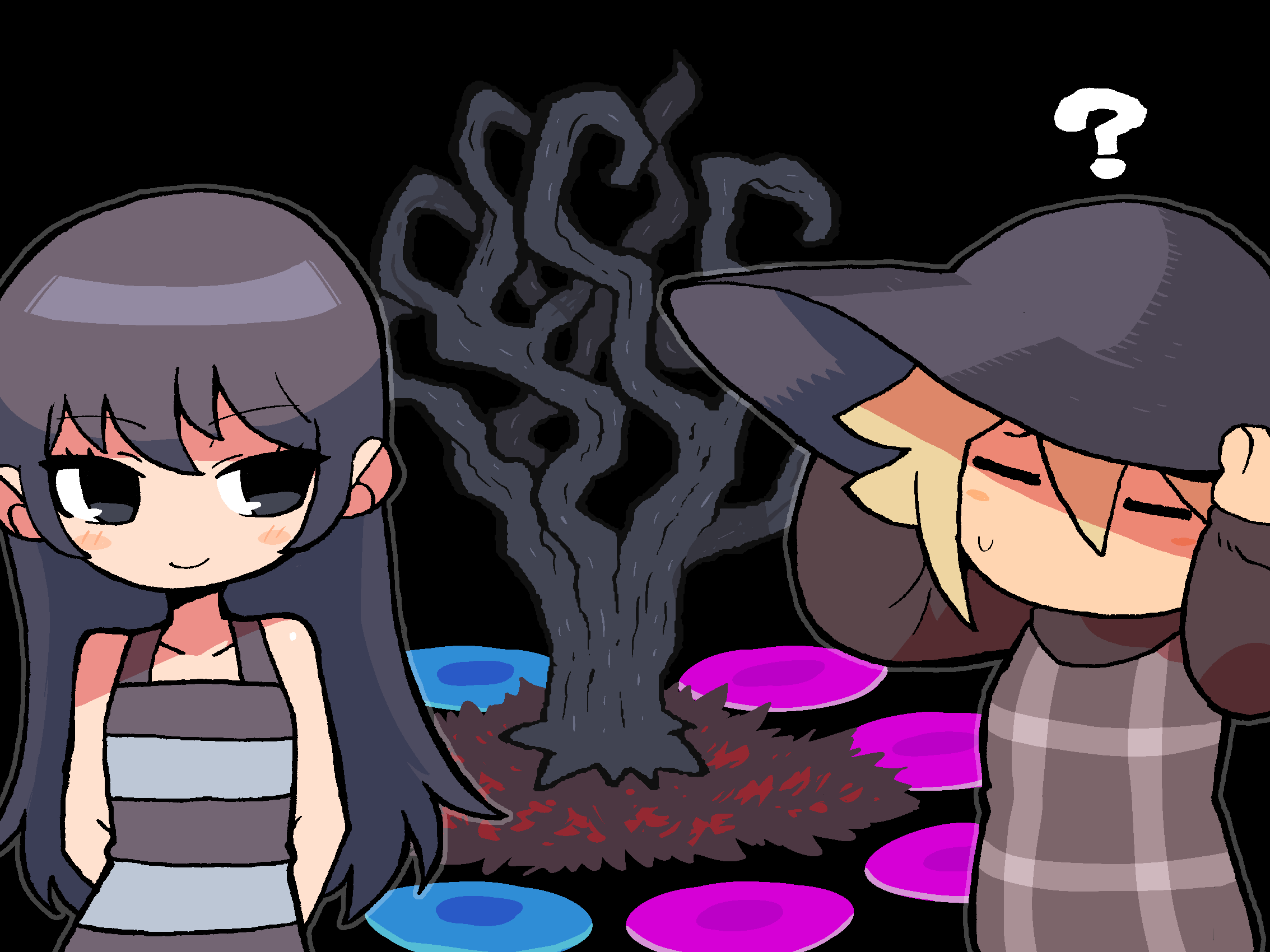 2girls ? arms_behind_back bare_shoulders bare_tree black_background black_eyes black_hair black_hat blonde_hair blush_stickers brown_sweater closed_eyes closed_mouth commentary confused deformed dress hair_between_eyes hands_on_headwear hands_up hat highres long_hair long_sleeves looking_to_the_side multiple_girls no_mouth no_nose outline rariatto_(ganguri) shimako_(yume_2kki) short_hair sideways_glance sleeveless sleeveless_dress smile striped_clothes striped_dress sweater tree urotsuki yume_2kki