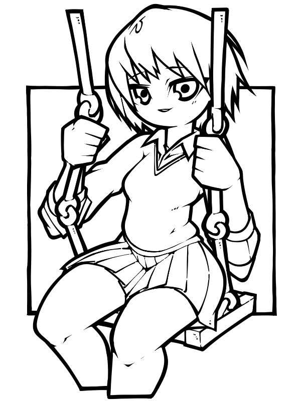 1girl amagami cropped_legs kibito_high_school_uniform lineart miniskirt monochrome name_omoitukan2 nanasaki_ai on_swing pleated_skirt school_uniform short_hair sitting skirt smile solo swing thick_lineart