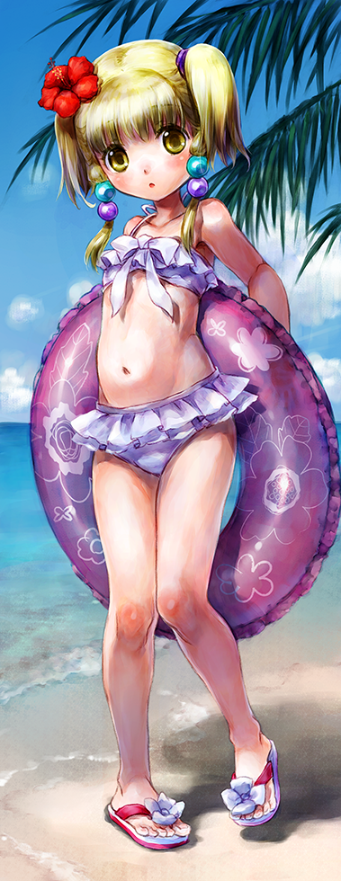 1girl banpresto beach bikini blonde_hair female_focus flip-flops flower full_body hair_flower hair_ornament hibiscus innertube irui_guneden nakamura_kanko sandals short_hair solo super_robot_wars swim_ring swimsuit twintails yellow_eyes