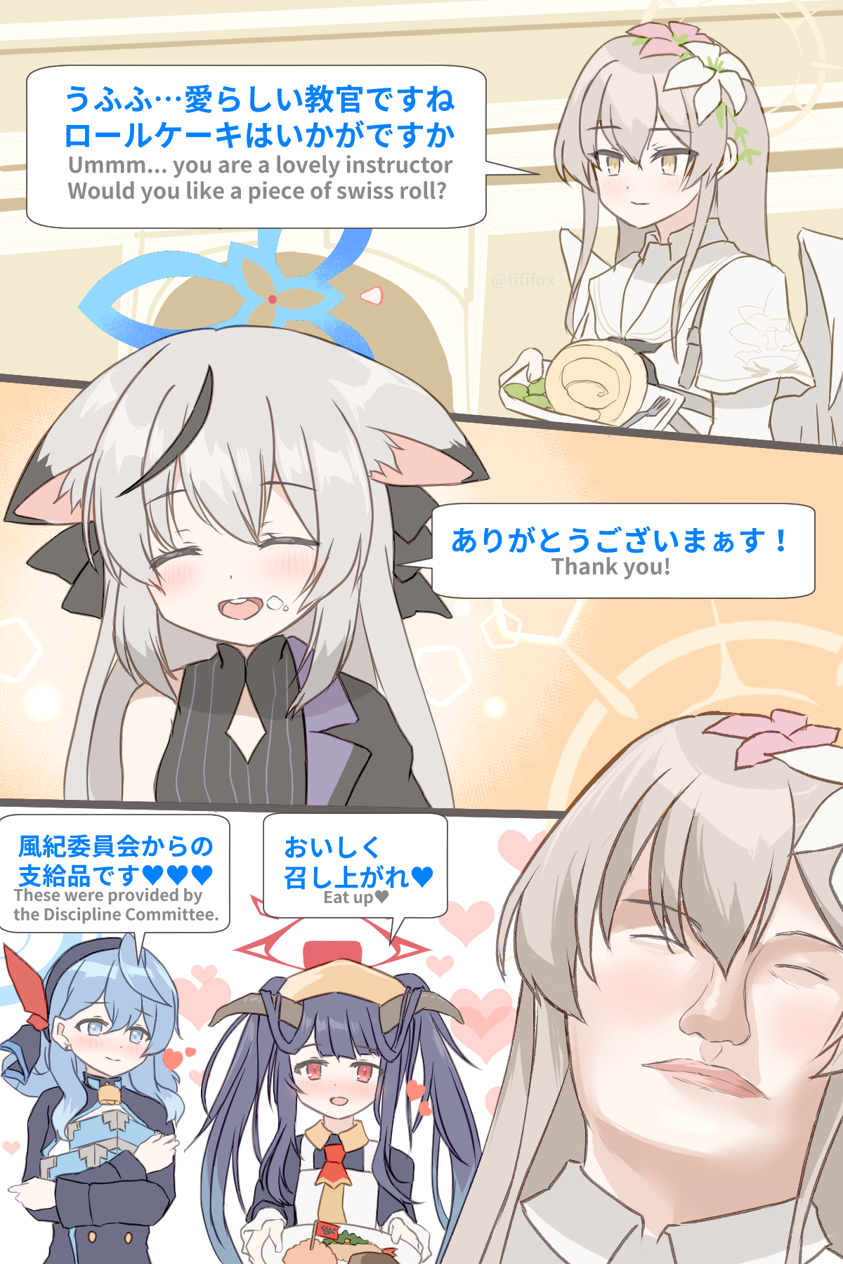 4girls :d ^_^ ako_(blue_archive) animal_ear_fluff animal_ears apron black_hair blue_archive blue_eyes blue_hair blunt_bangs blush box brown_eyes cake carrying chinese_clothes closed_eyes comic commentary_request cream cream_on_face demon_girl demon_horns ear_piercing english_text engrish_text flower food food_on_face fork fuuka_(blue_archive) giving grey_hair hair_between_eyes hair_flower hair_ornament hairband halo headscarf heart highres holding holding_plate horns kokona_(blue_archive) long_hair long_sleeves looking_at_viewer low_twintails meat multicolored_hair multiple_girls nagisa_(blue_archive) open_mouth piercing plate ranguage red_eyes school_uniform serafuku shoulder_strap shrimp shrimp_tempura sidelocks smile streaked_hair swiss_roll tempura tififox tiger_ears tiger_girl twintails two-tone_hair yellow_headscarf yellow_headwear