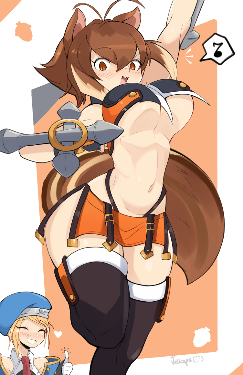 2girls acorn animal_ears blazblue blonde_hair breasts brown_hair closed_eyes crop_top hat highres jellcaps large_breasts makoto_nanaya multiple_girls musical_note noel_vermillion short_hair sleeveless squirrel_ears squirrel_tail tail tonfa underboob weapon wide_hips