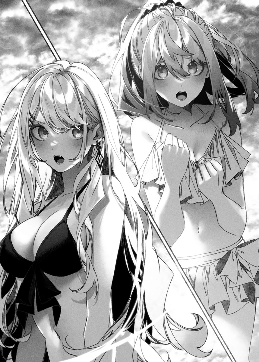 2girls bikini blush breasts cleavage collarbone cynthia_violetta earrings frills hair_between_eyes hair_ornament jewelry kuwashima_rein lilith_scarlett long_hair multiple_girls navel official_art outdoors ponytail sidelocks swimsuit taida_na_akujoku_kizoku_ni_tensei_shita_ore_scenario_wo_bukkowa_shitara_kikaku-gai_no_maryoku_de_saikyou_ni_natta
