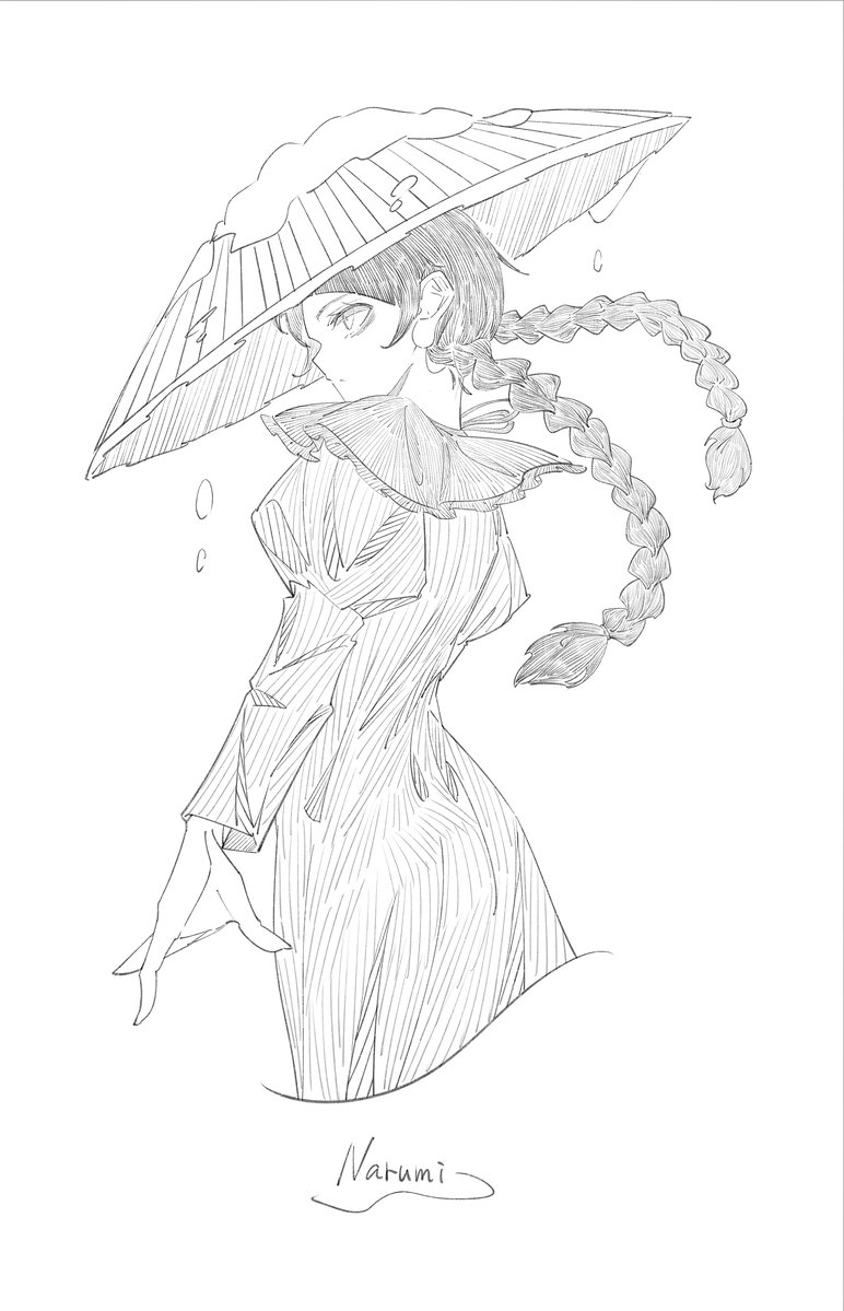 1girl ajirogasa braid capelet character_name from_side greyscale hat long_hair long_sleeves looking_at_viewer monochrome o_(crazyoton46) simple_background sketch snow snow_on_head solo touhou twin_braids white_background yatadera_narumi